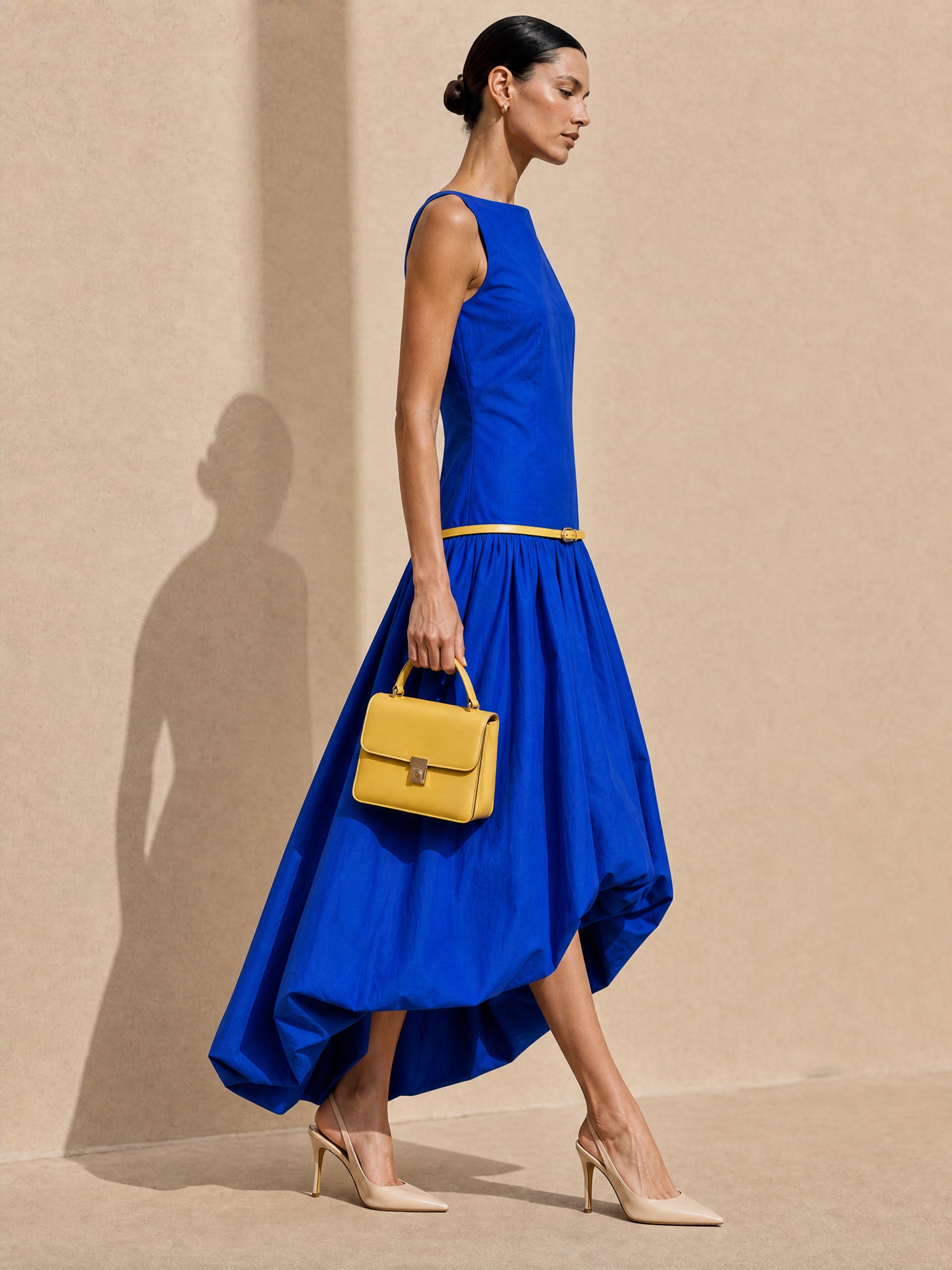 French Artistic Cobalt Blue Dress Belted Bubble Hem Midi Dress
