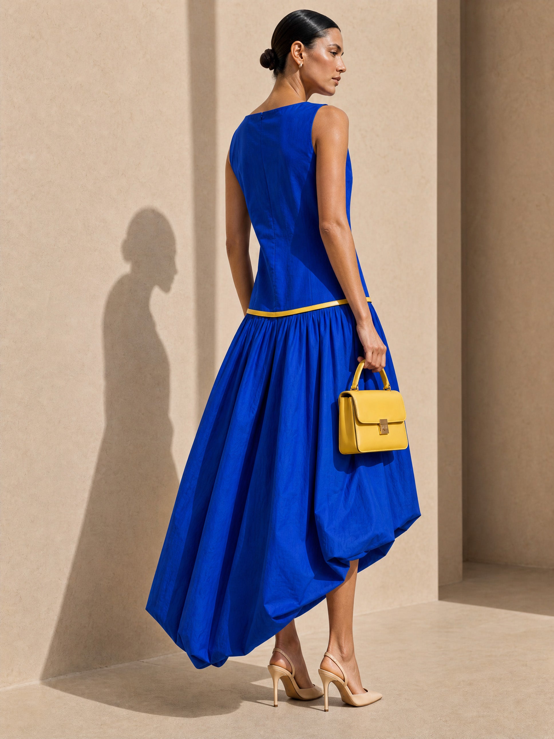French Artistic Cobalt Blue Dress Belted Bubble Hem Midi Dress