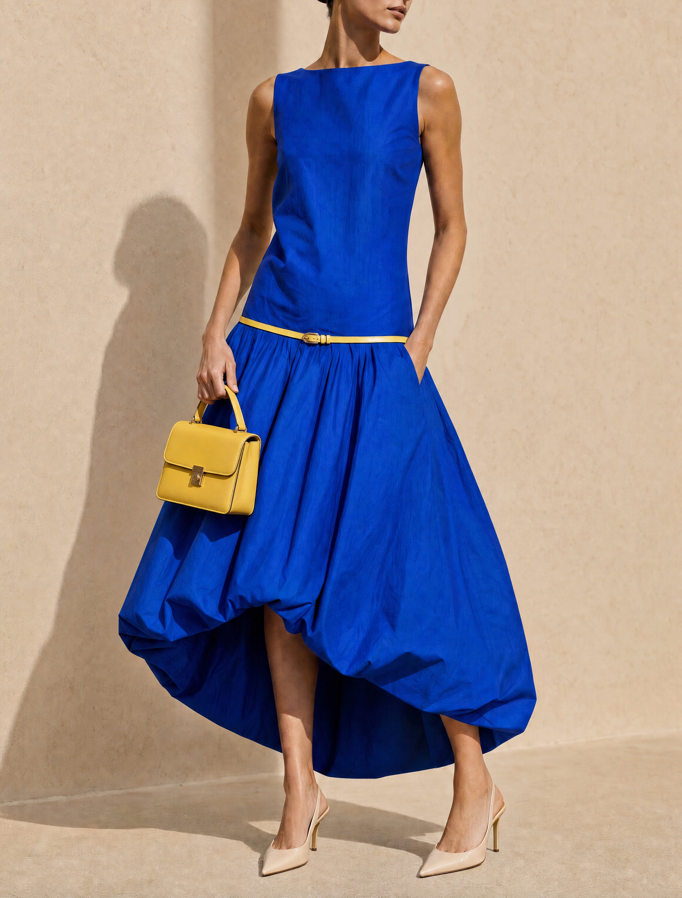 French Artistic Cobalt Blue Dress Belted Bubble Hem Midi Dress