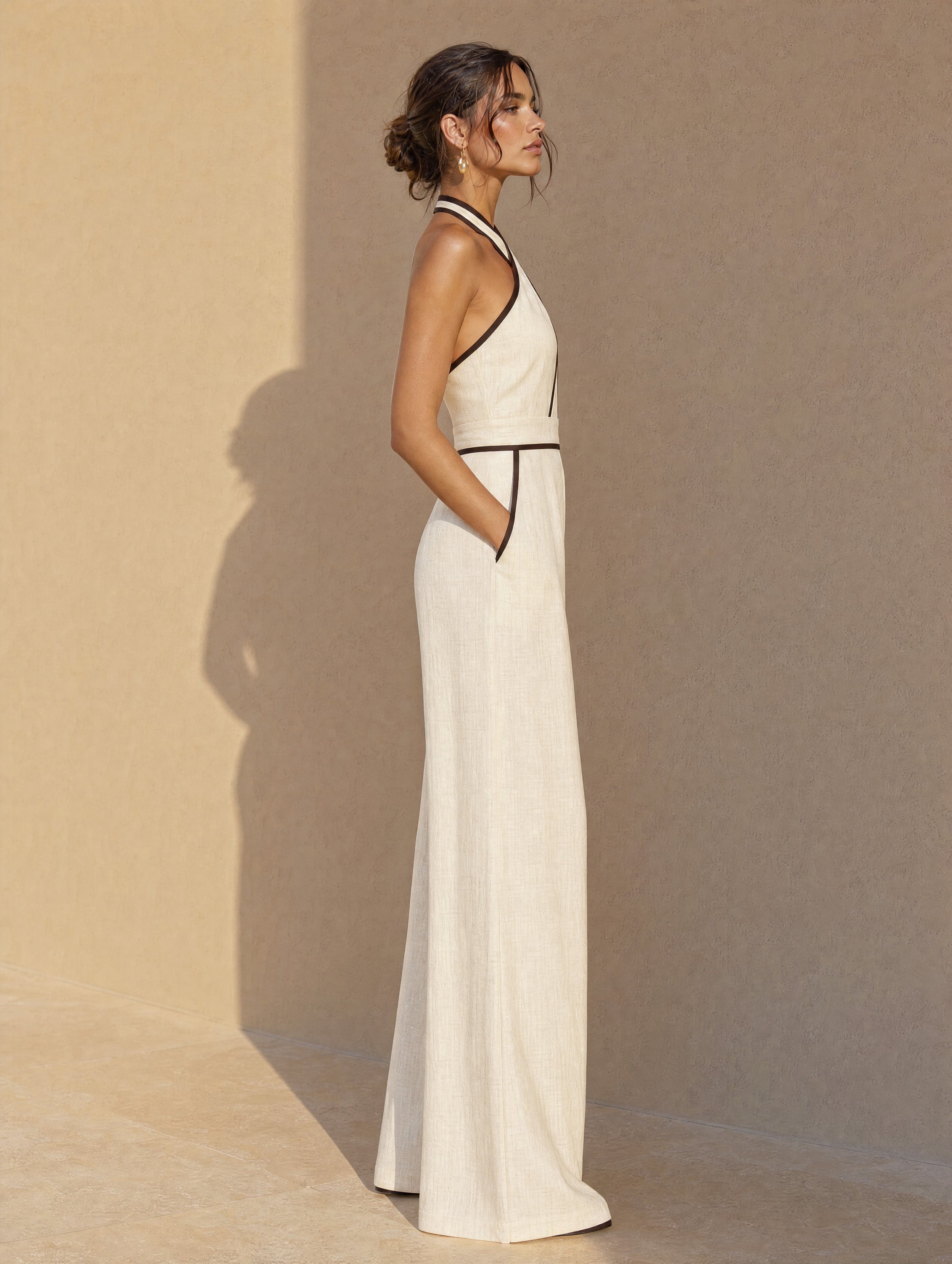Elegant Contrast Jumpsuit Linen Halter Wide-Leg Pants
