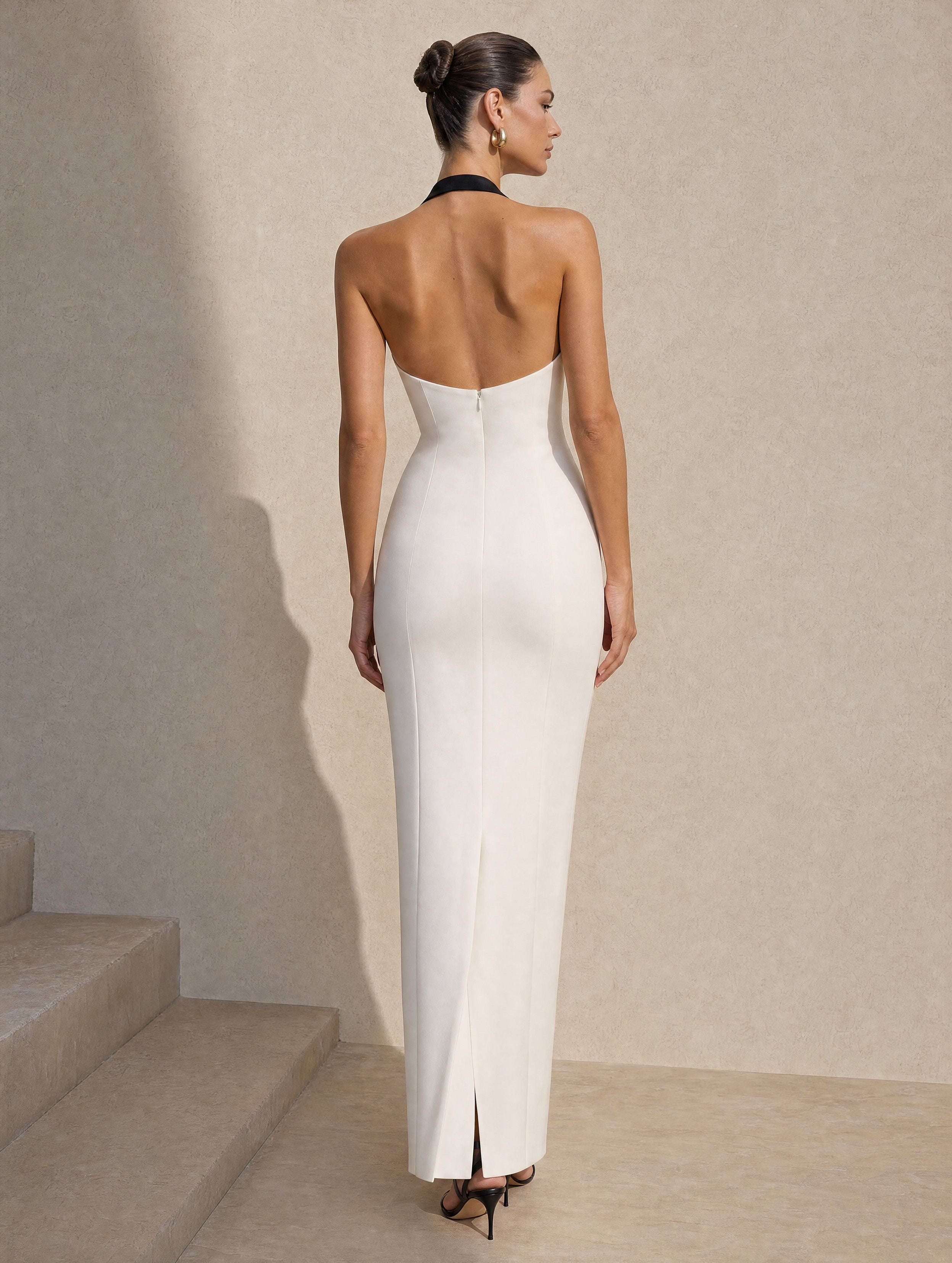 Minimalist Premium Halter Maxi Dress Black White Contrast Fitted Gown