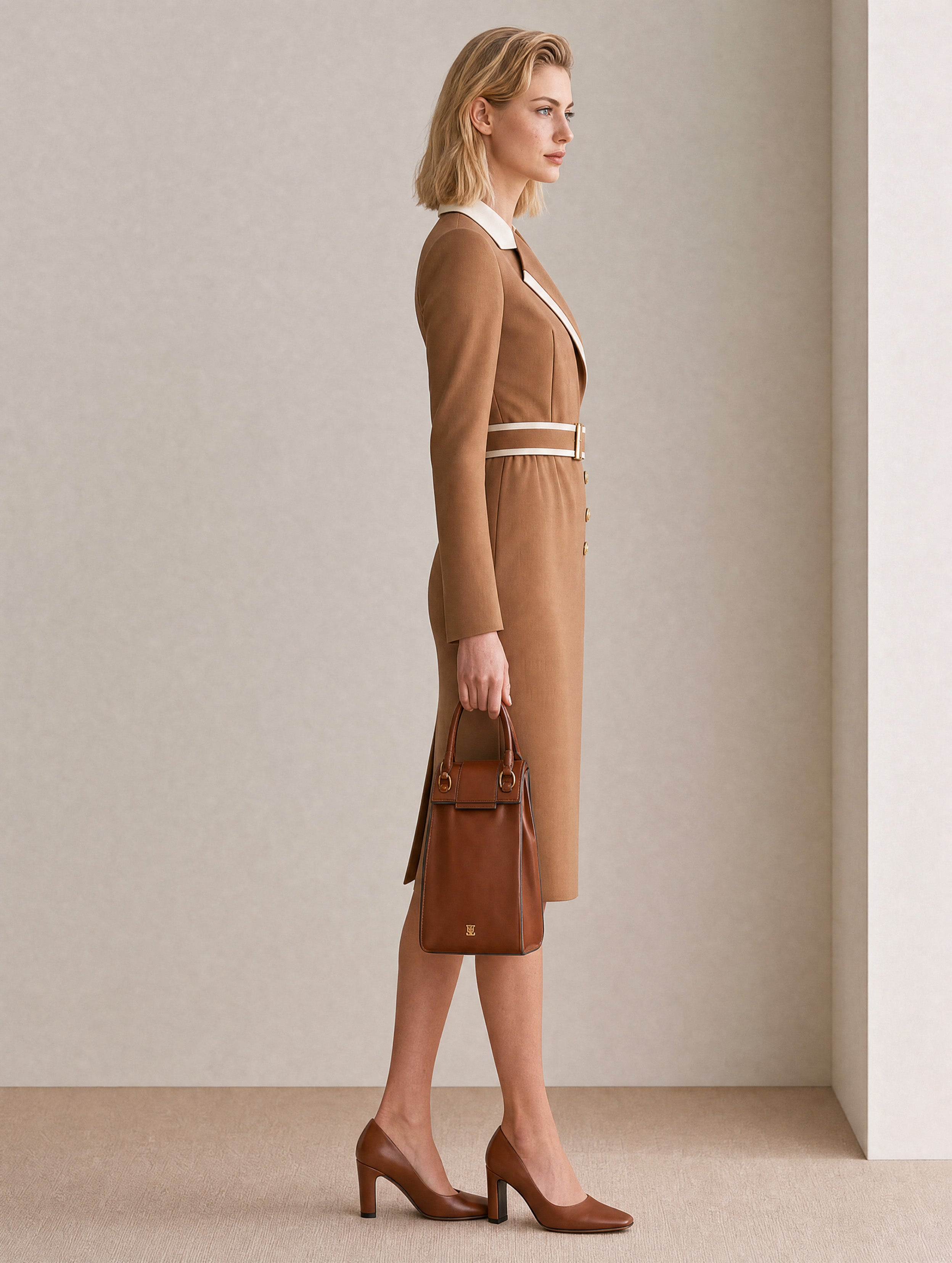 Old Money Camel Blazer Dress Contrast Collar Belted Work Dress