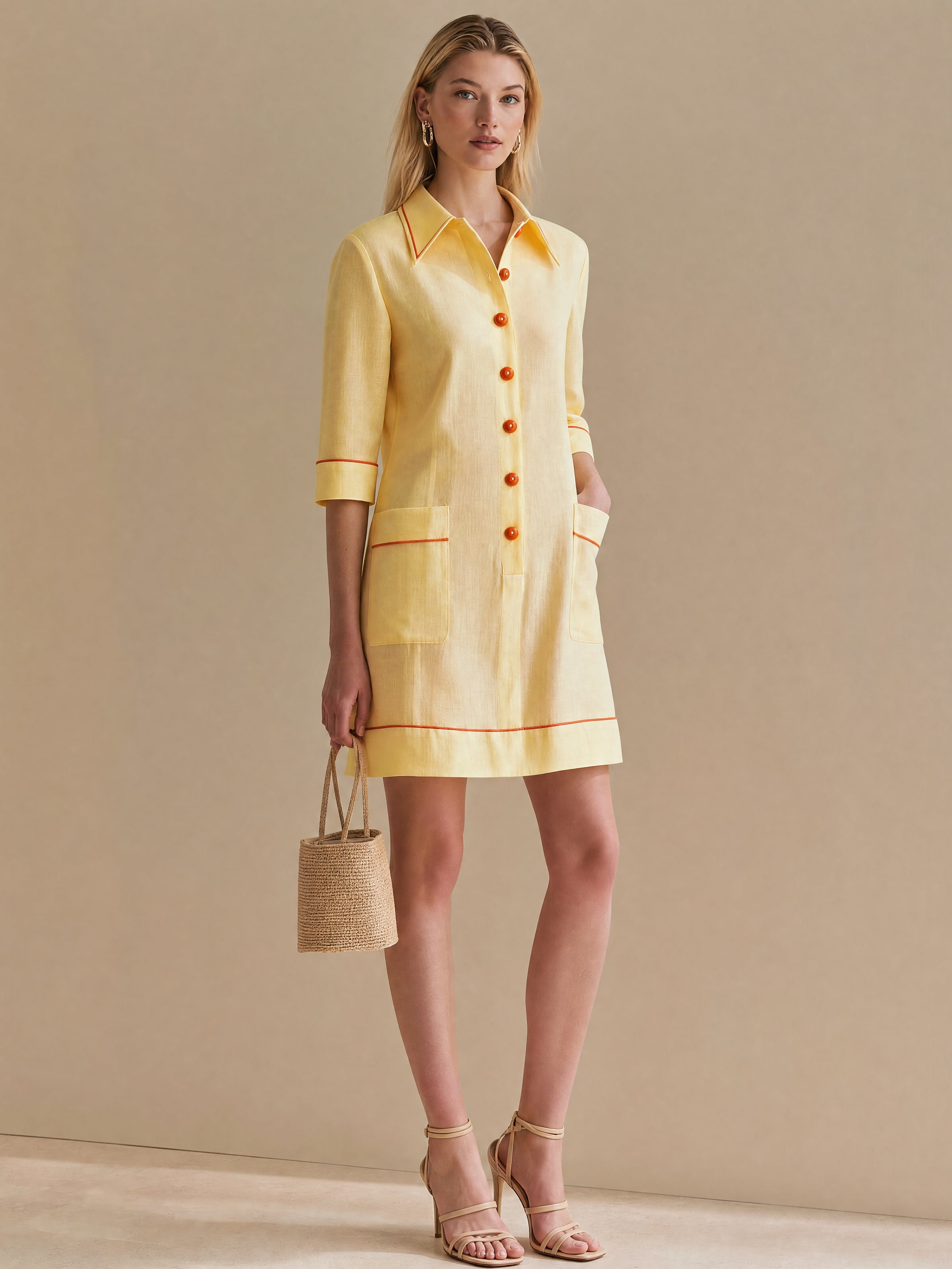 Linen Creamy Yellow Shift Dress With Orange Contrast Piped