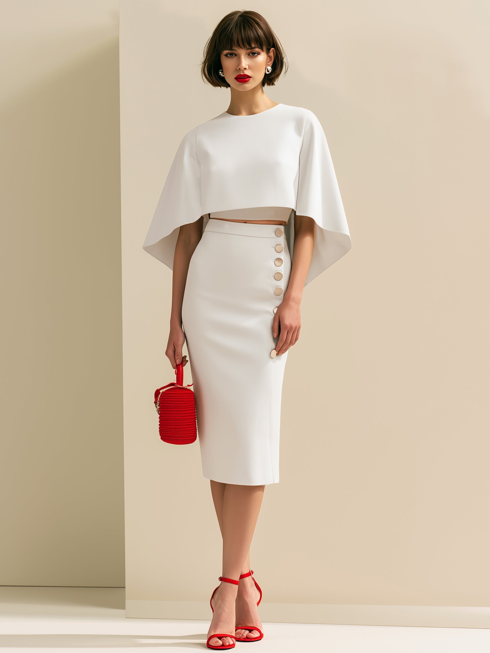 Elegant White Evening Suit:Cape Overlay Blouse & High Waist Midi Skirt