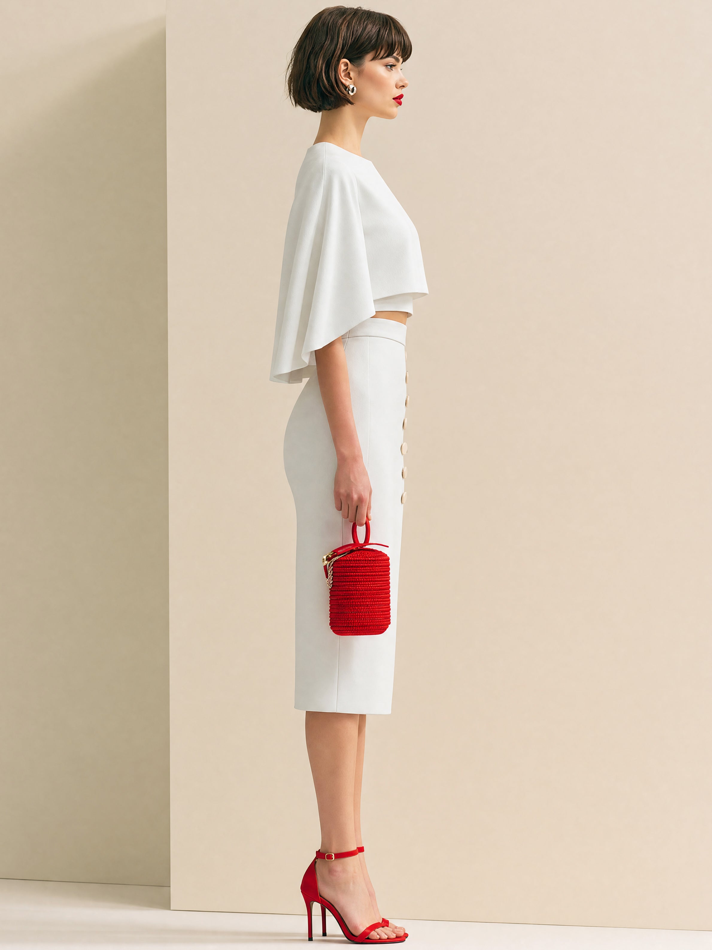 Elegant White Evening Suit:Cape Overlay Blouse & High Waist Midi Skirt