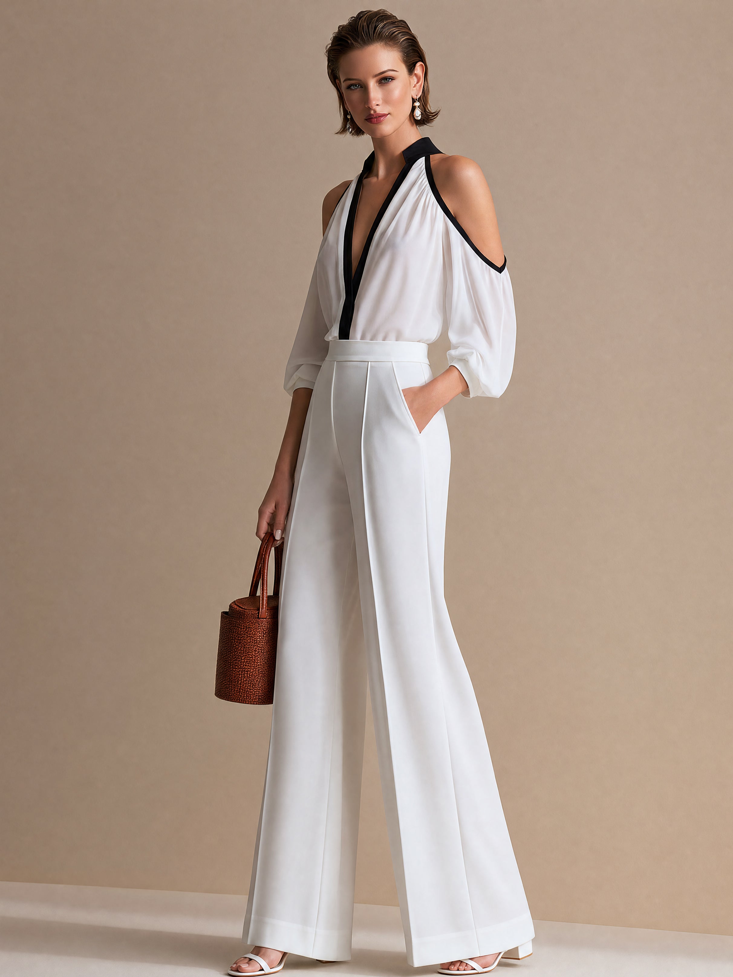 Chiffon Halter Cold Shoulder Blouse &Wide Leg Trousers Set