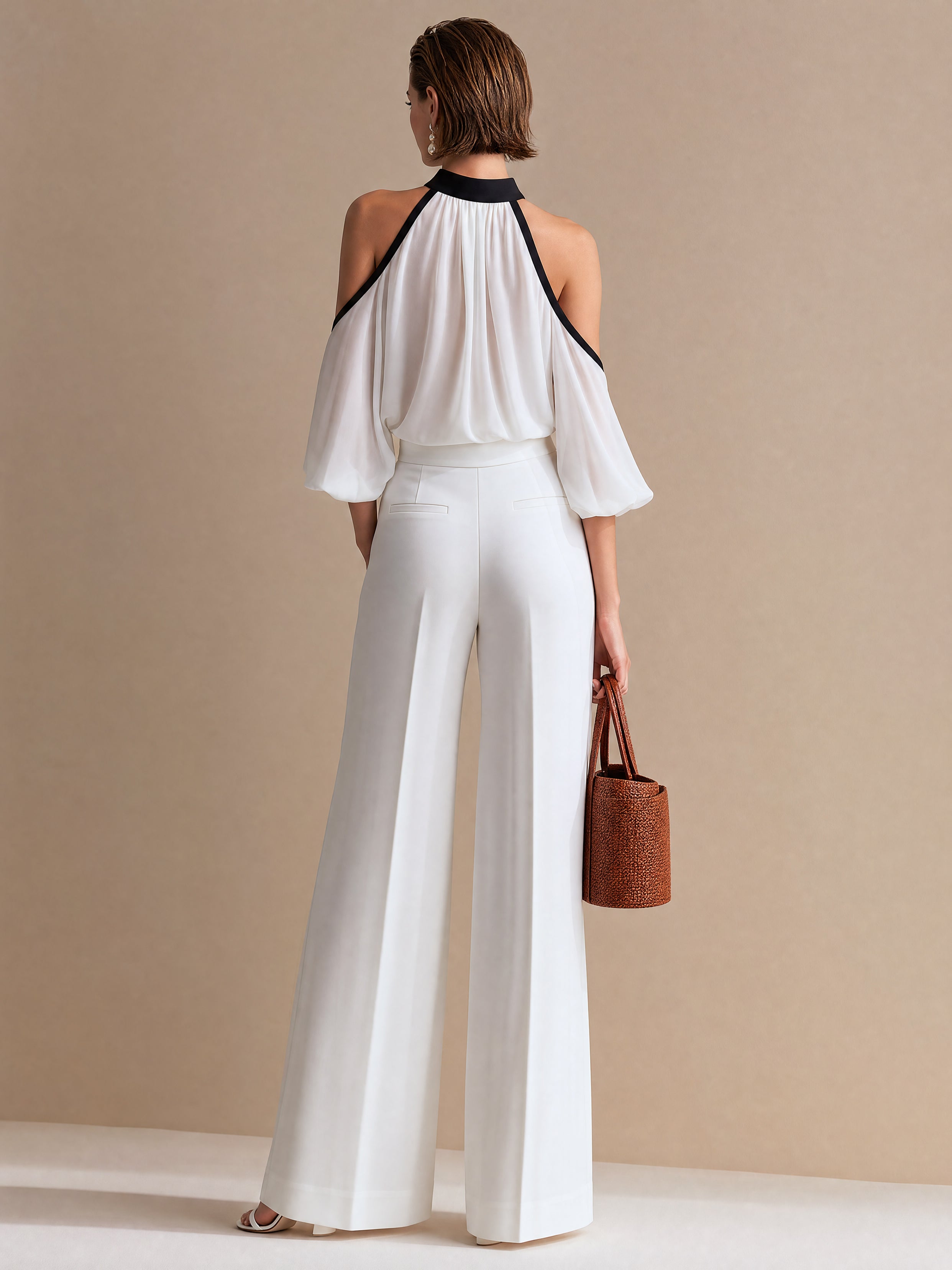 Chiffon Halter Cold Shoulder Blouse &Wide Leg Trousers Set