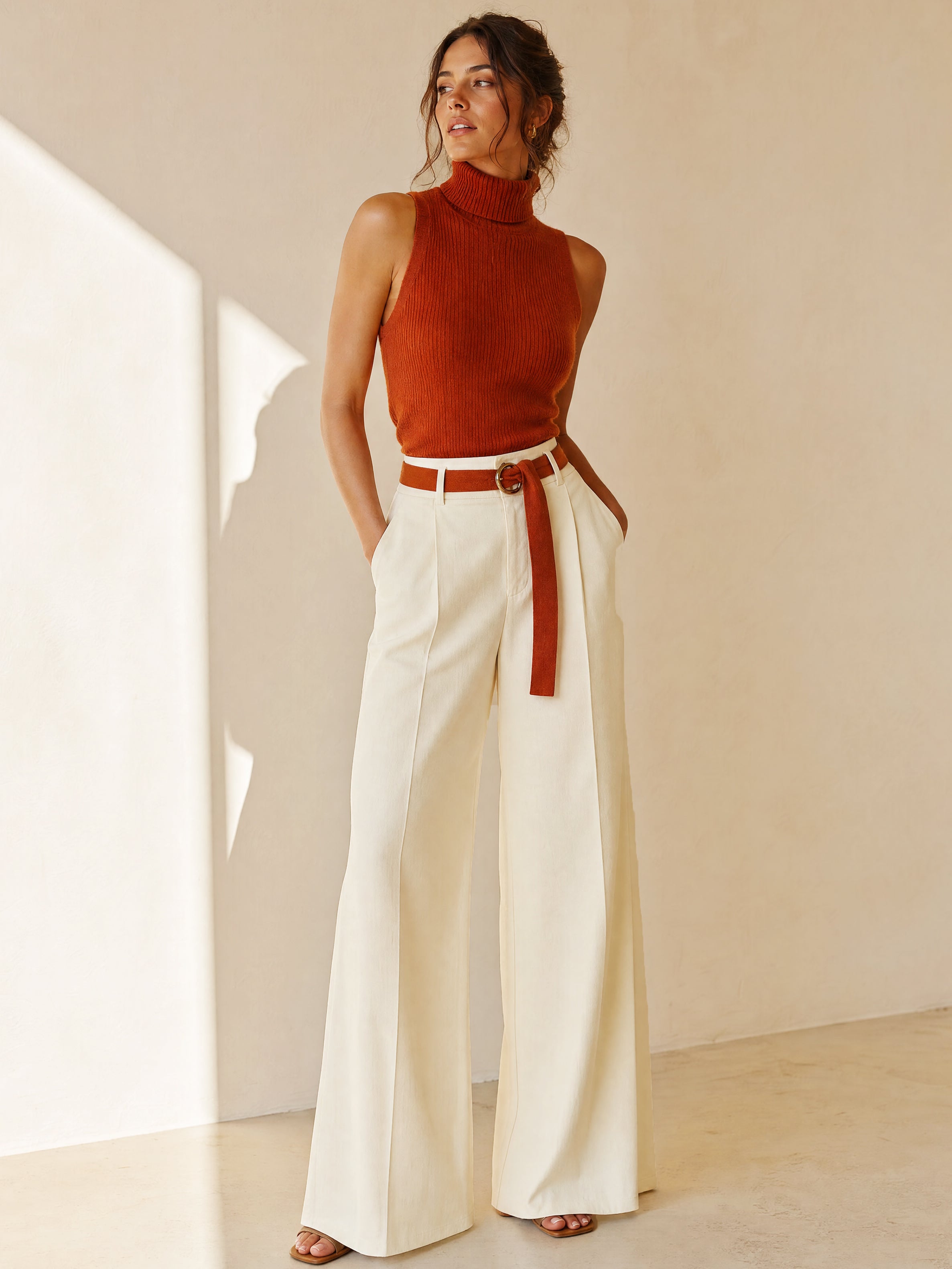 Elegant Suit:Sleeveless Ribbed Turtleneck Knit & High Rise Pleated Pants