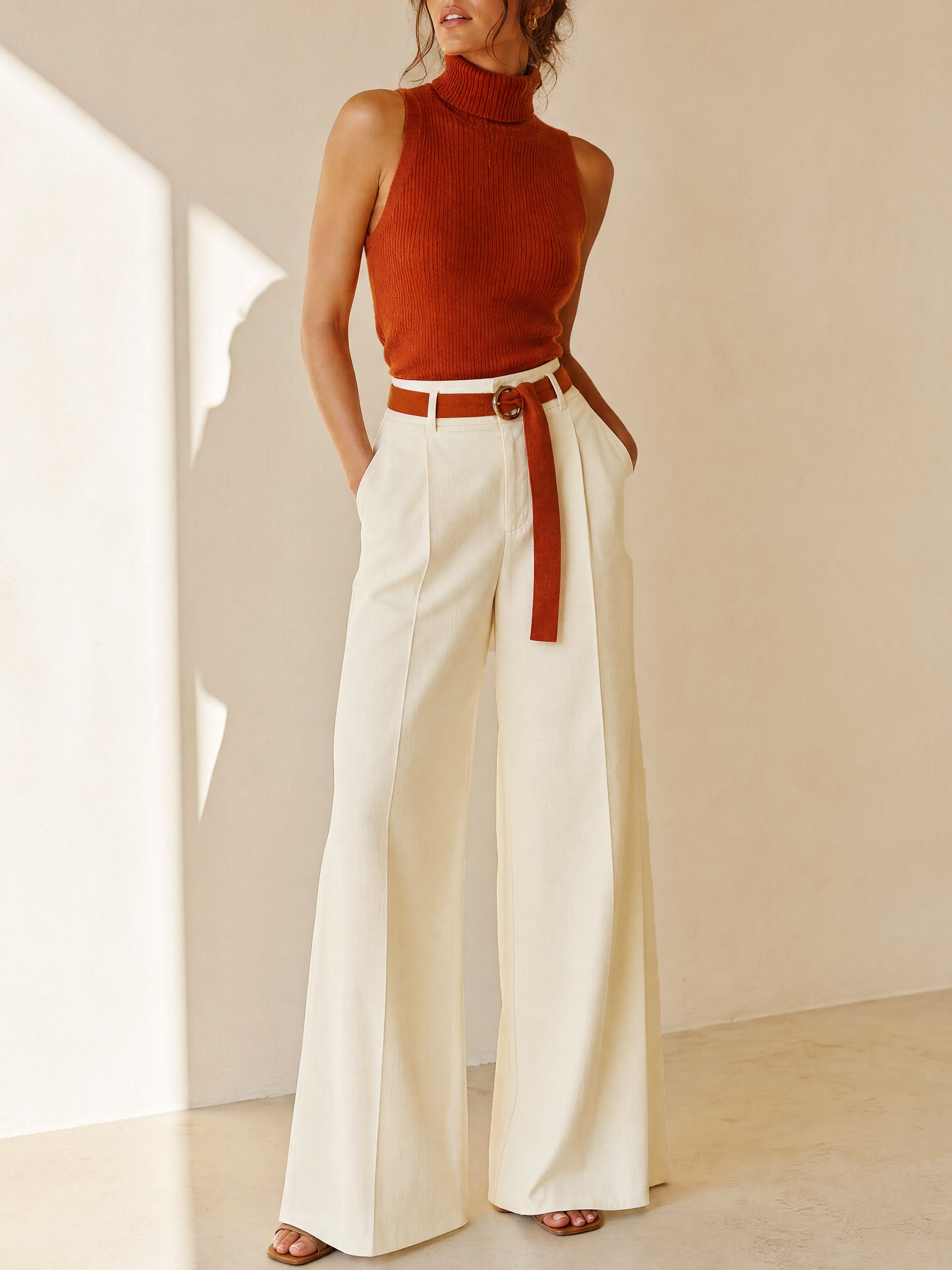 Elegant Suit:Sleeveless Ribbed Turtleneck Knit & High Rise Pleated Pants