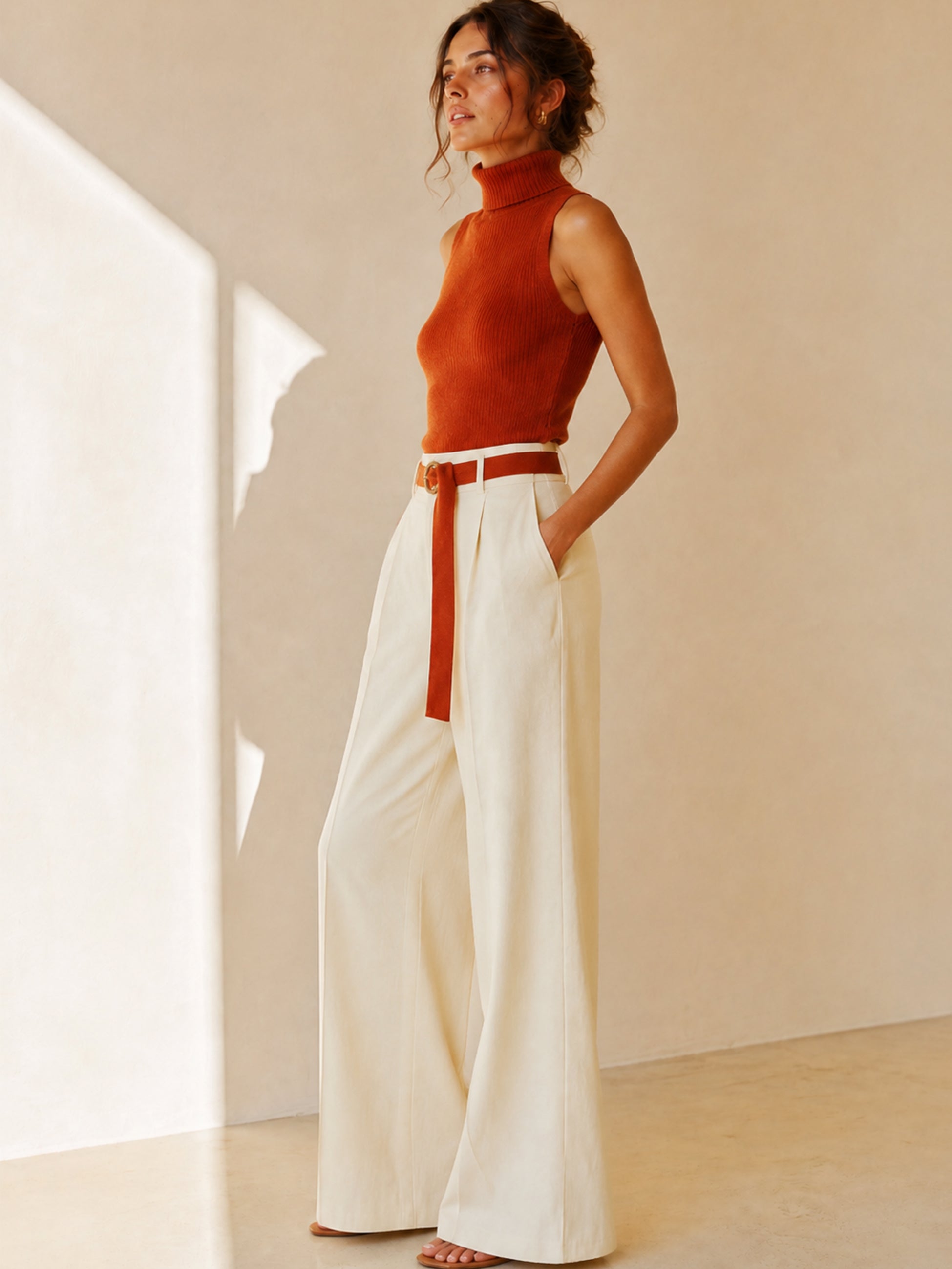 Elegant Suit:Sleeveless Ribbed Turtleneck Knit & High Rise Pleated Pants