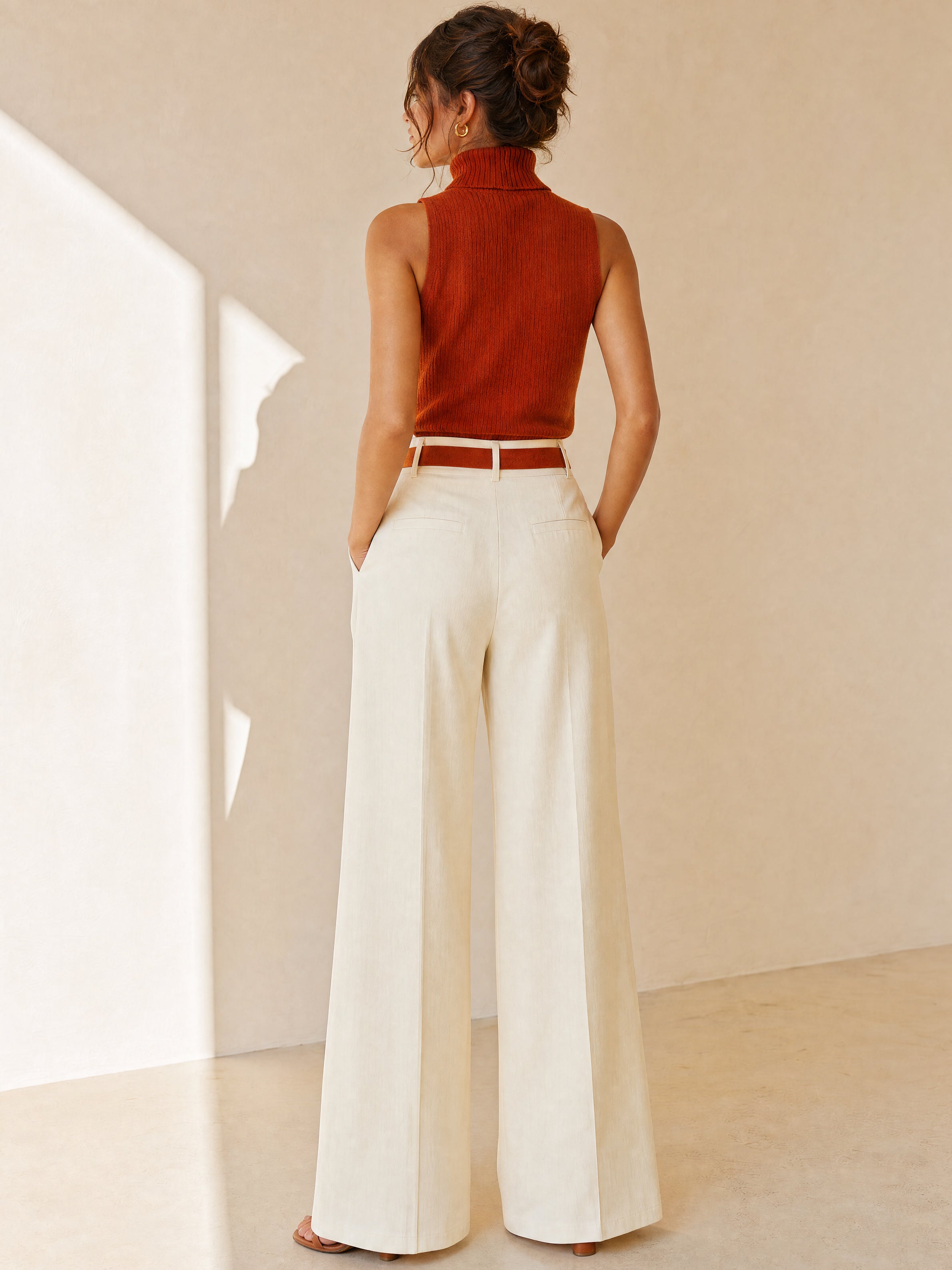 Elegant Suit:Sleeveless Ribbed Turtleneck Knit & High Rise Pleated Pants