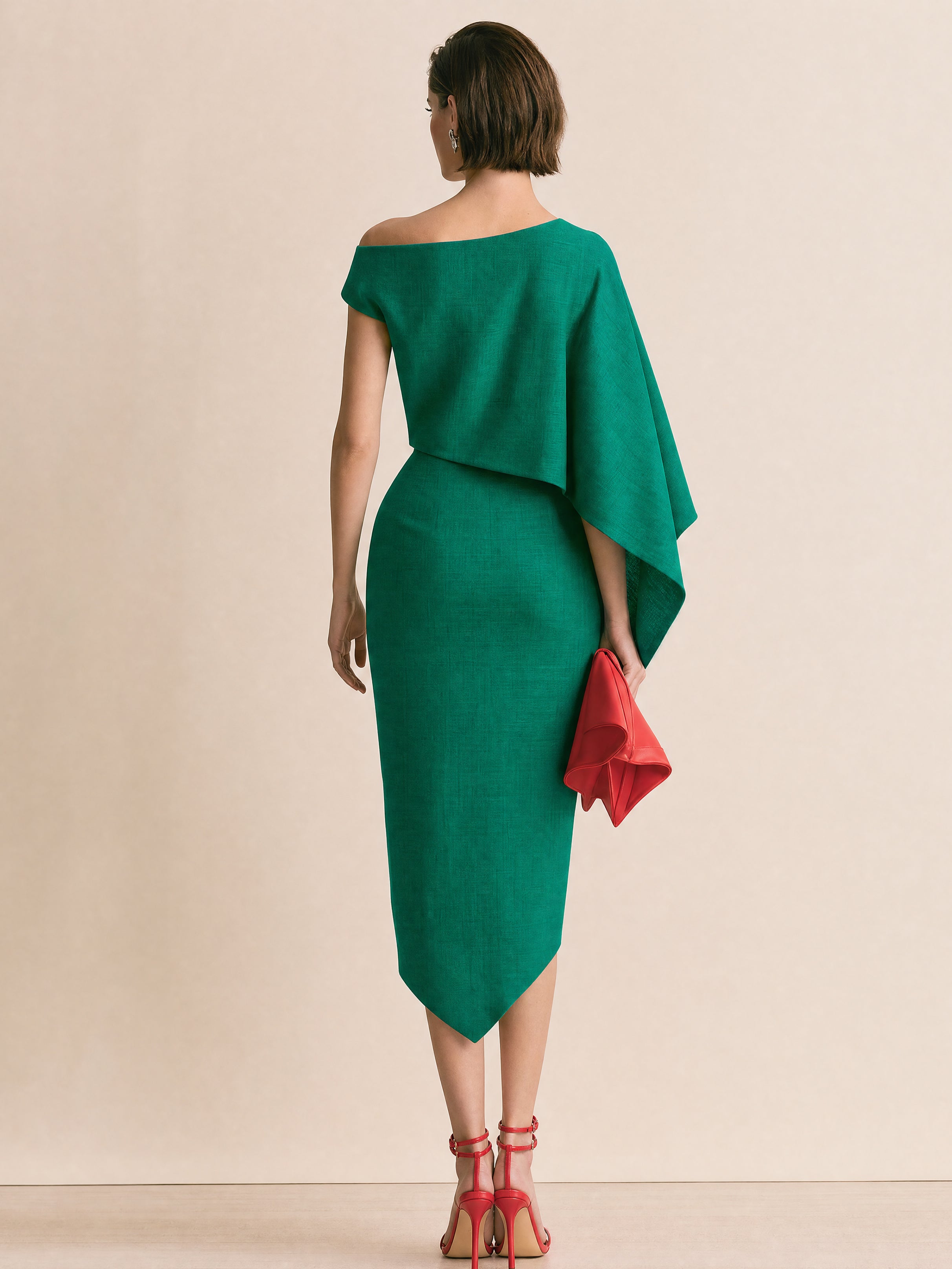 Elegant Green Linen Midi Dress With Cape Overlay & Asymmetric Wrap Slit