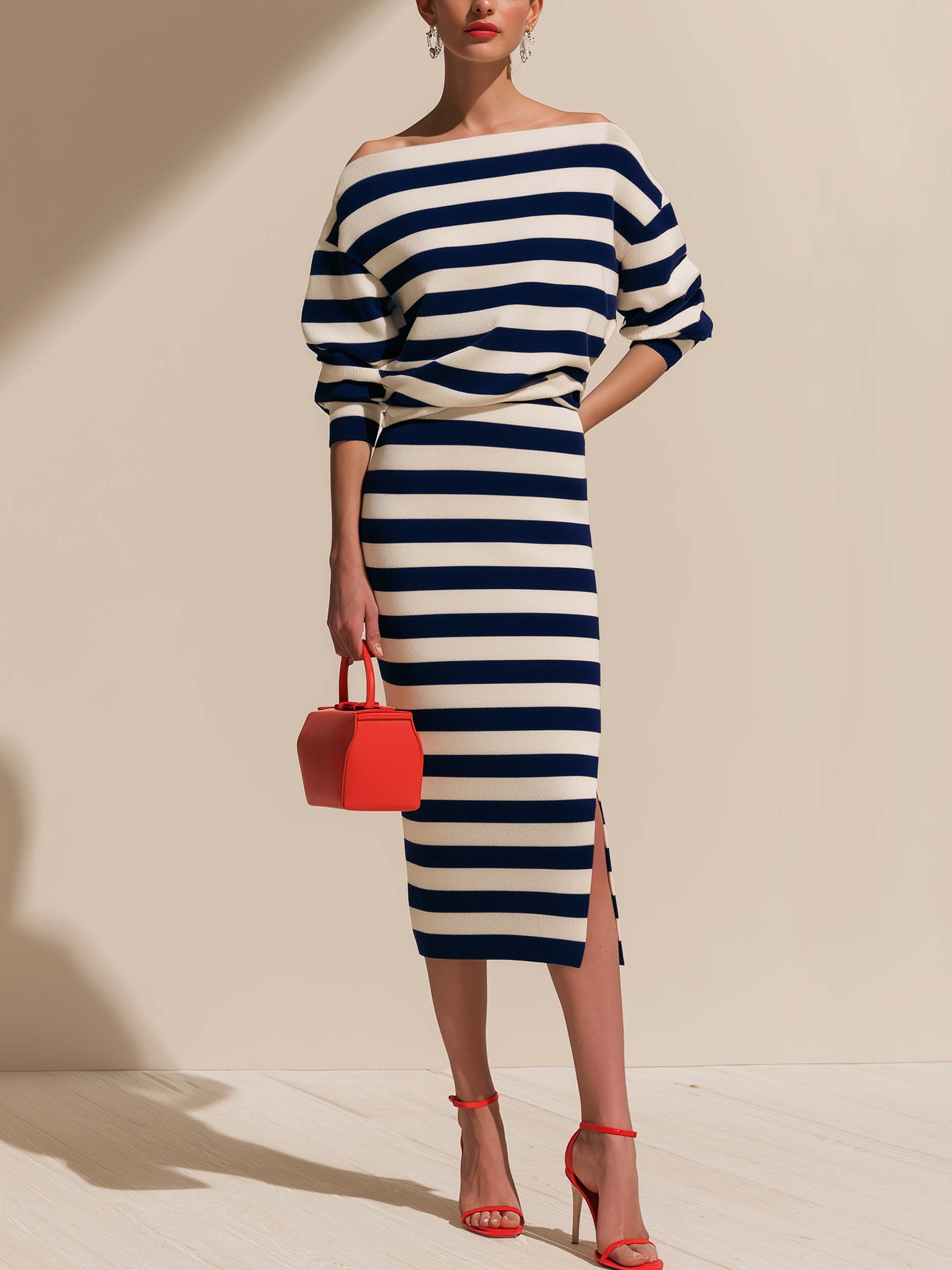 Elegant Striped Knit Suit :Off-Shoulder Long Sleeve Top &  Side Slit Midi Skirt