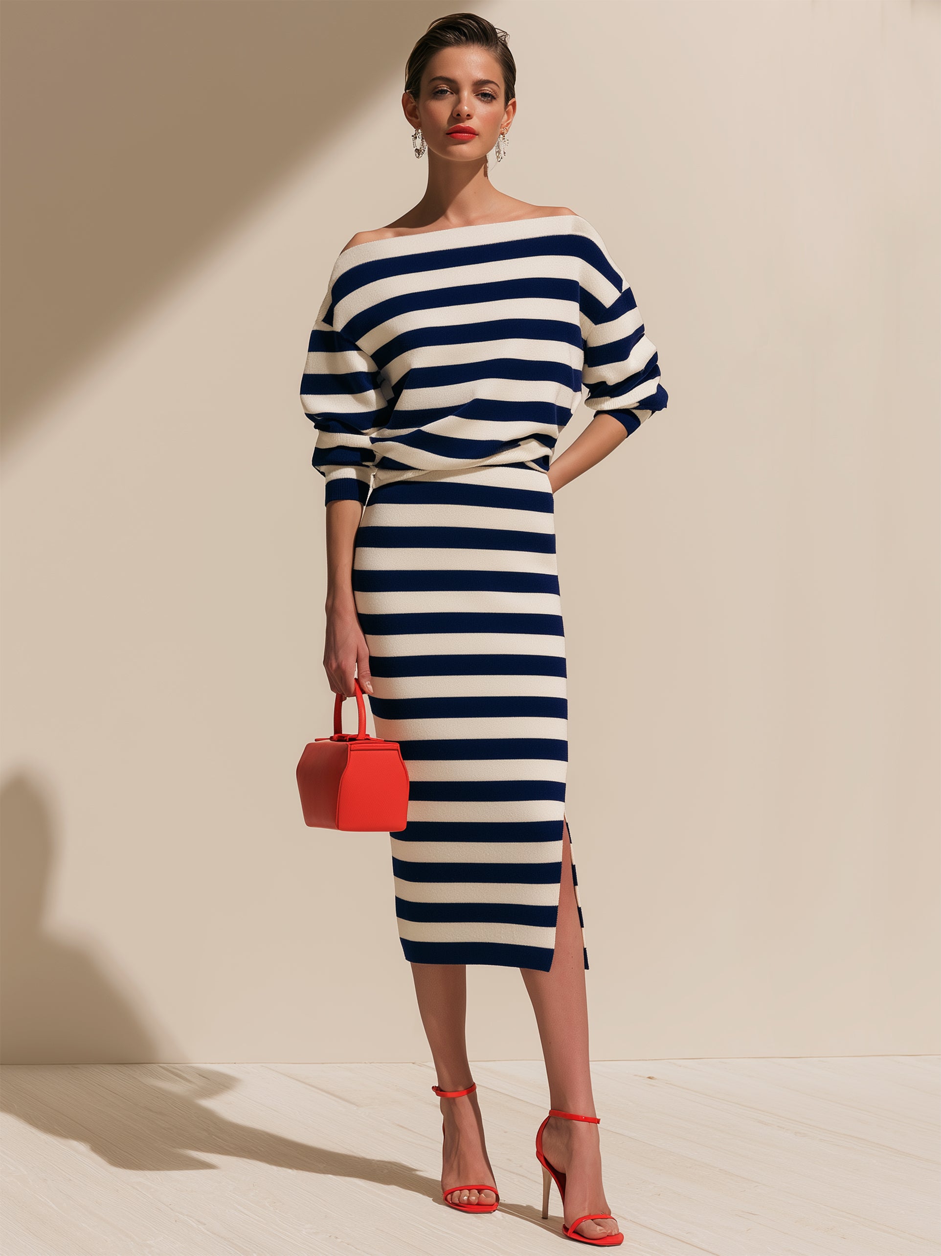 Elegant Striped Knit Suit :Off-Shoulder Long Sleeve Top &  Side Slit Midi Skirt