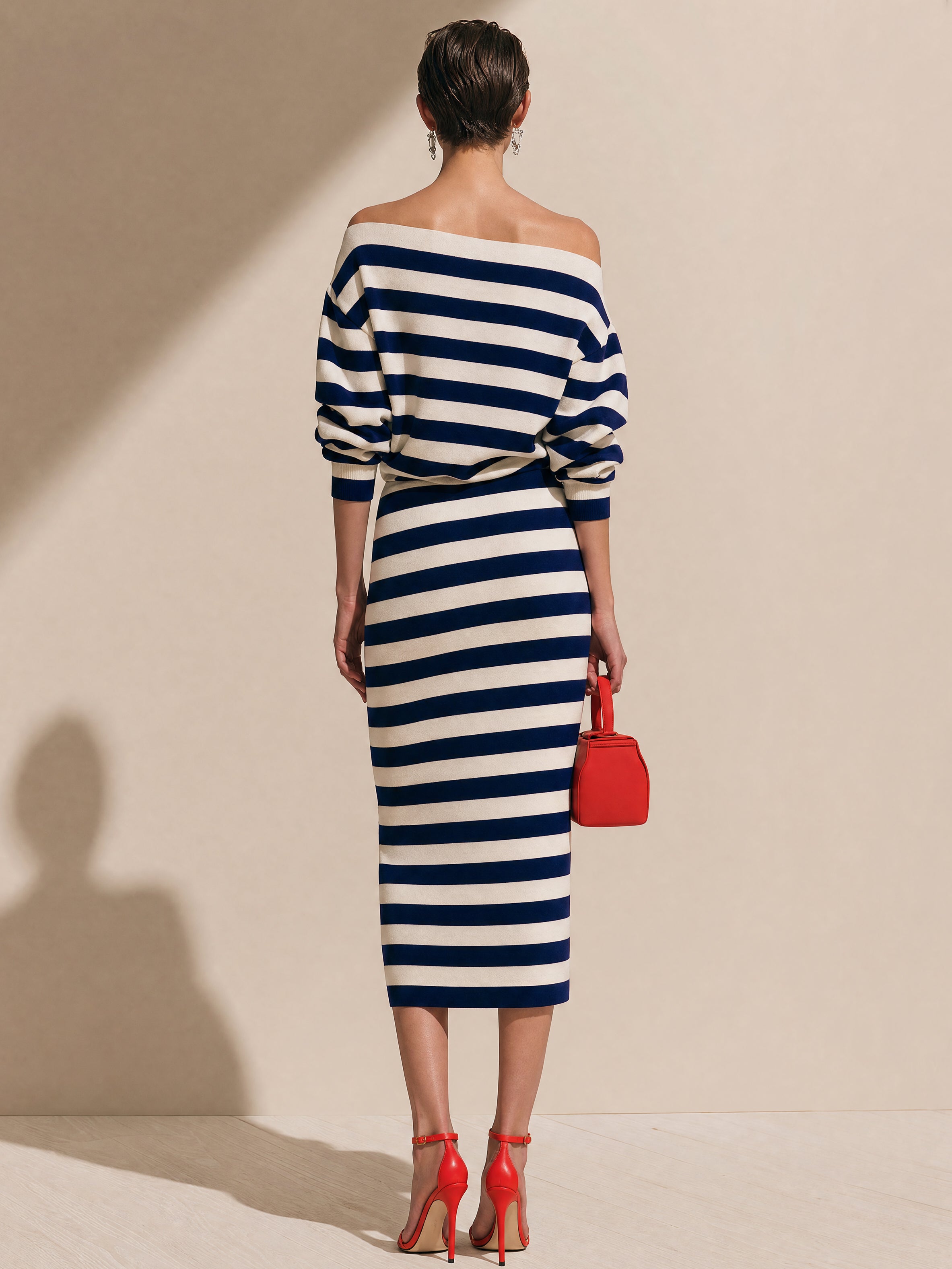 Elegant Striped Knit Suit :Off-Shoulder Long Sleeve Top &  Side Slit Midi Skirt
