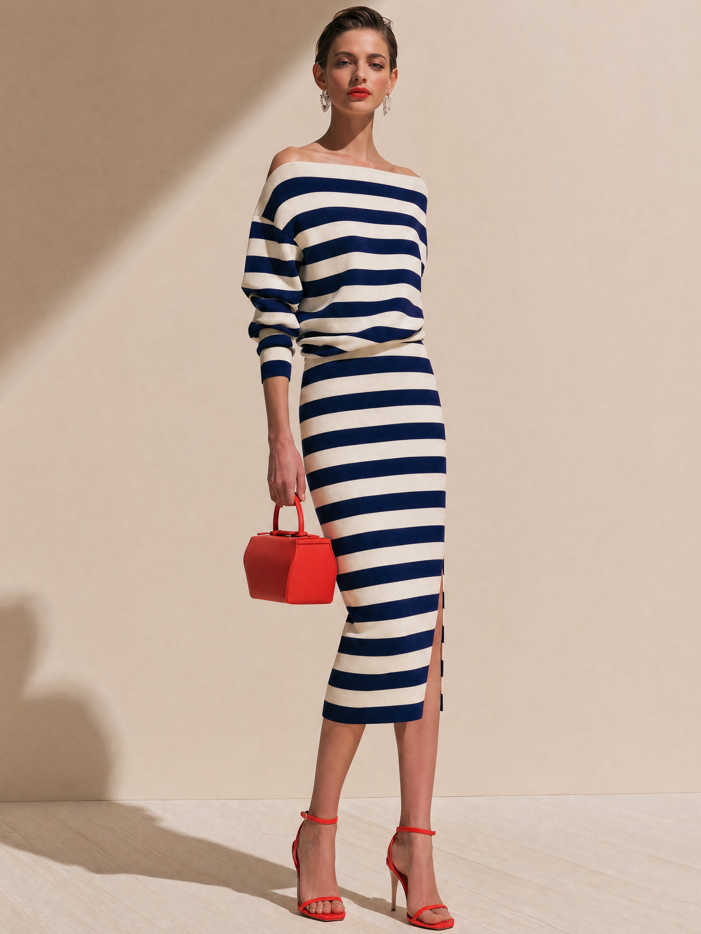Elegant Striped Knit Suit :Off-Shoulder Long Sleeve Top &  Side Slit Midi Skirt