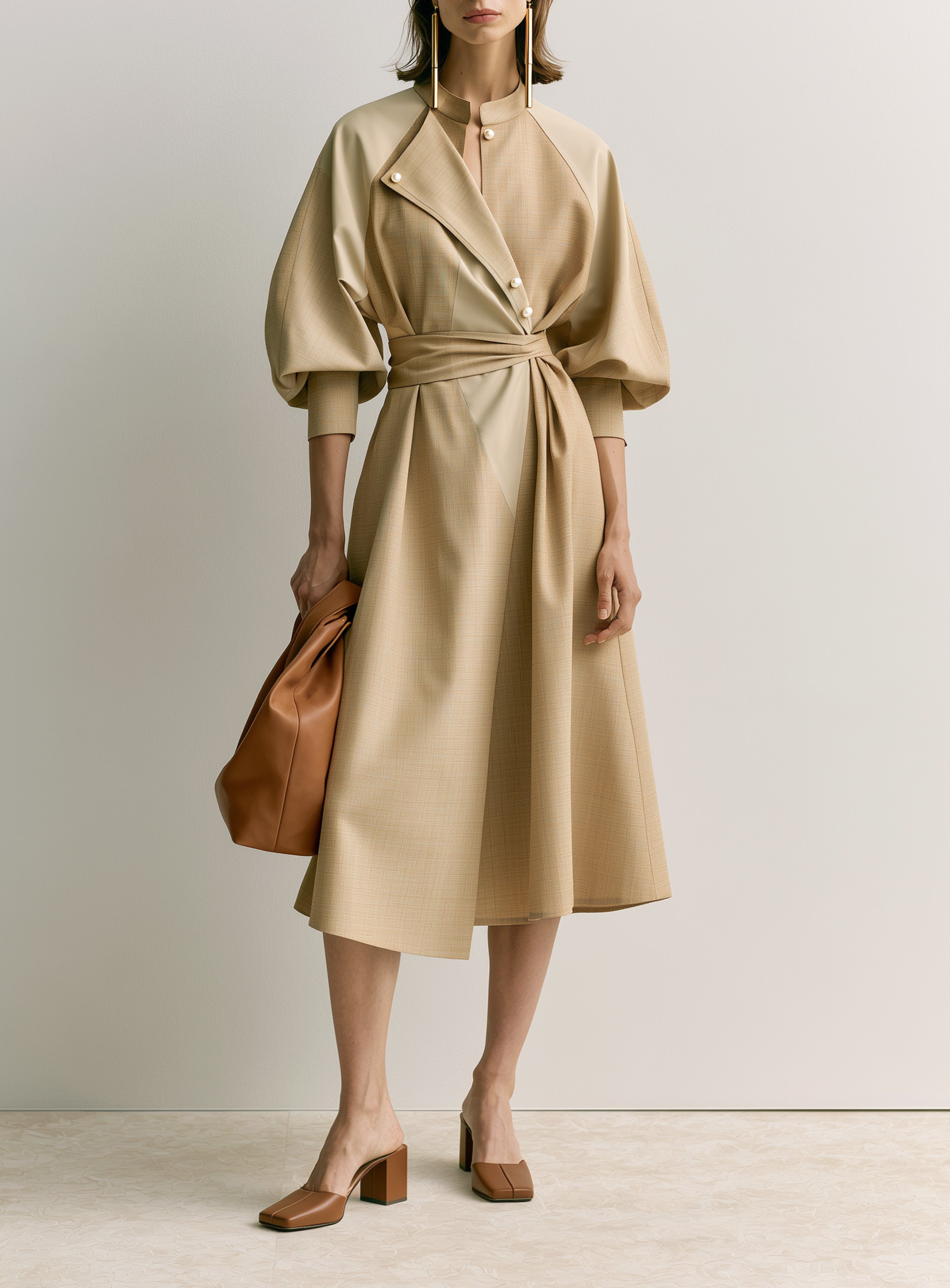 French Khaki Panel Design Shirt Dress