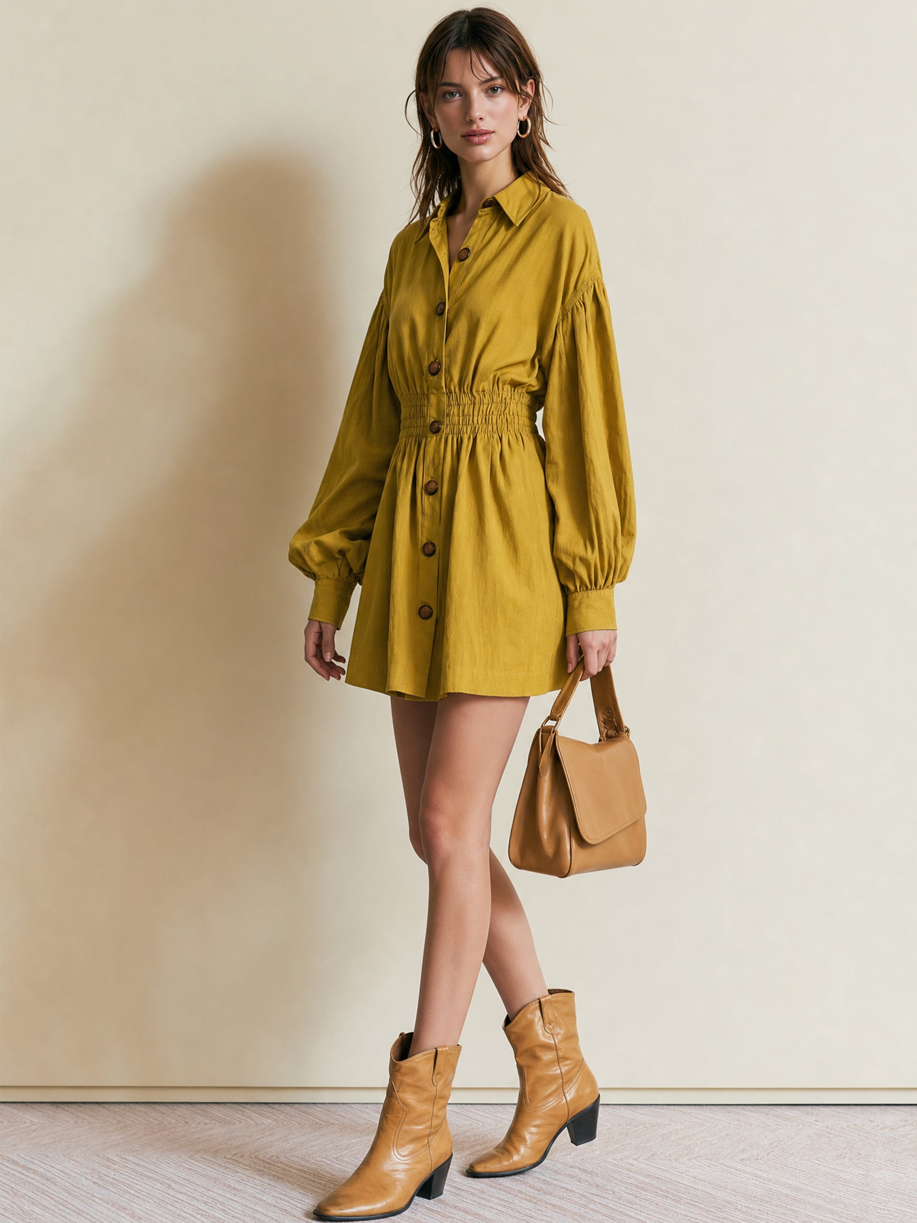 Mustard Shirt Long Sleeve Smocked Waist Mini Dress