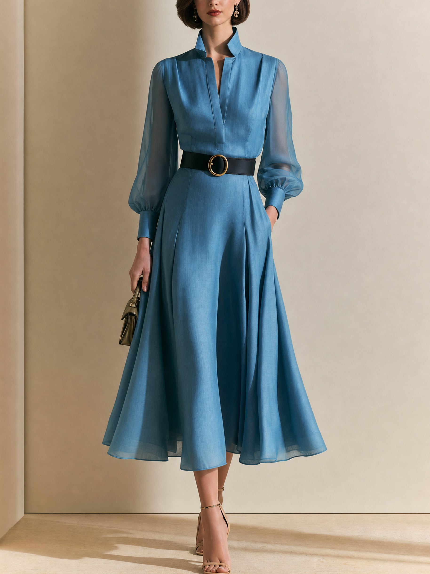 Timeless Muted Blue Belted Fit-and-Flare Midi Dress