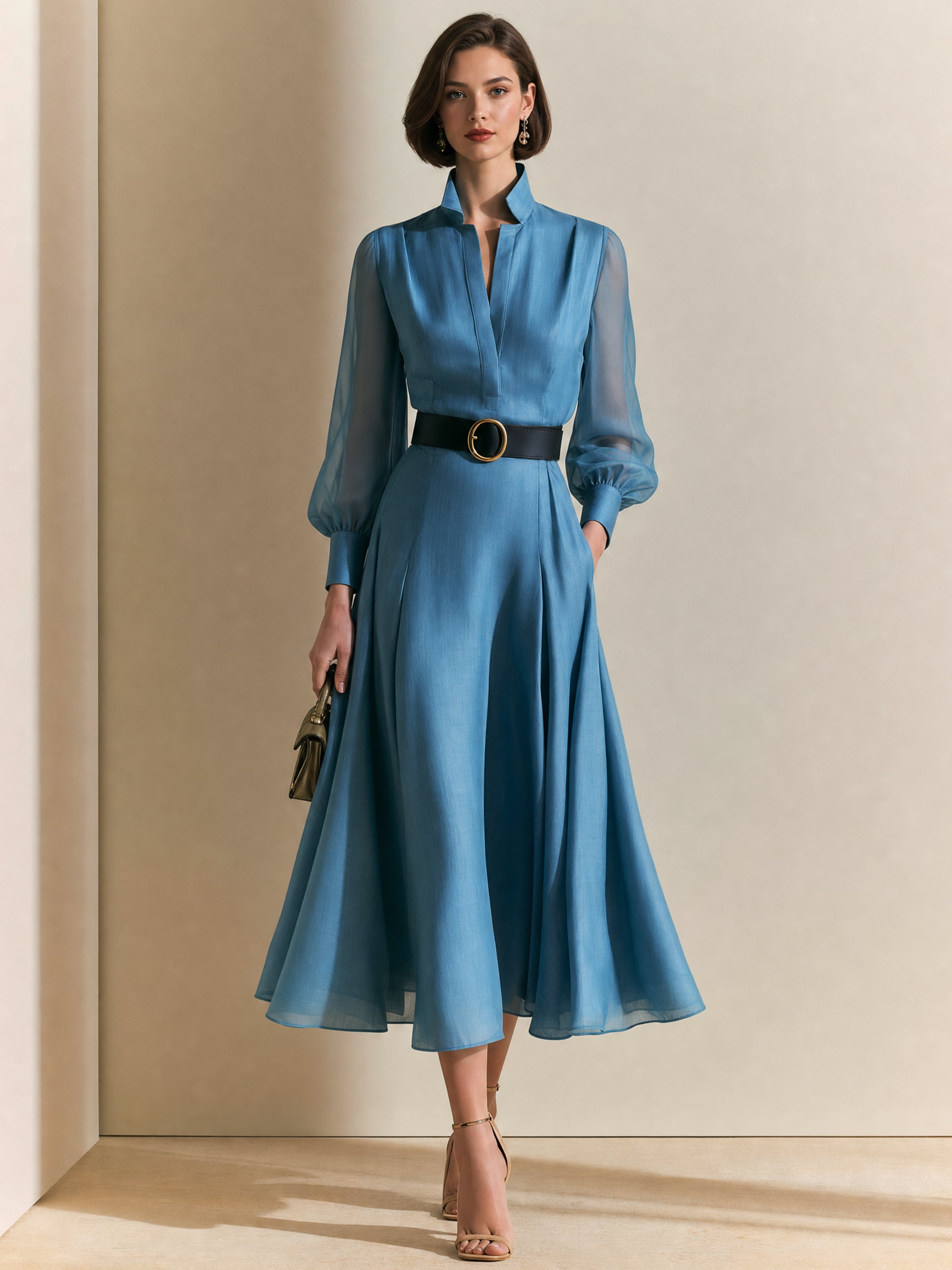 Timeless Muted Blue Belted Fit-and-Flare Midi Dress