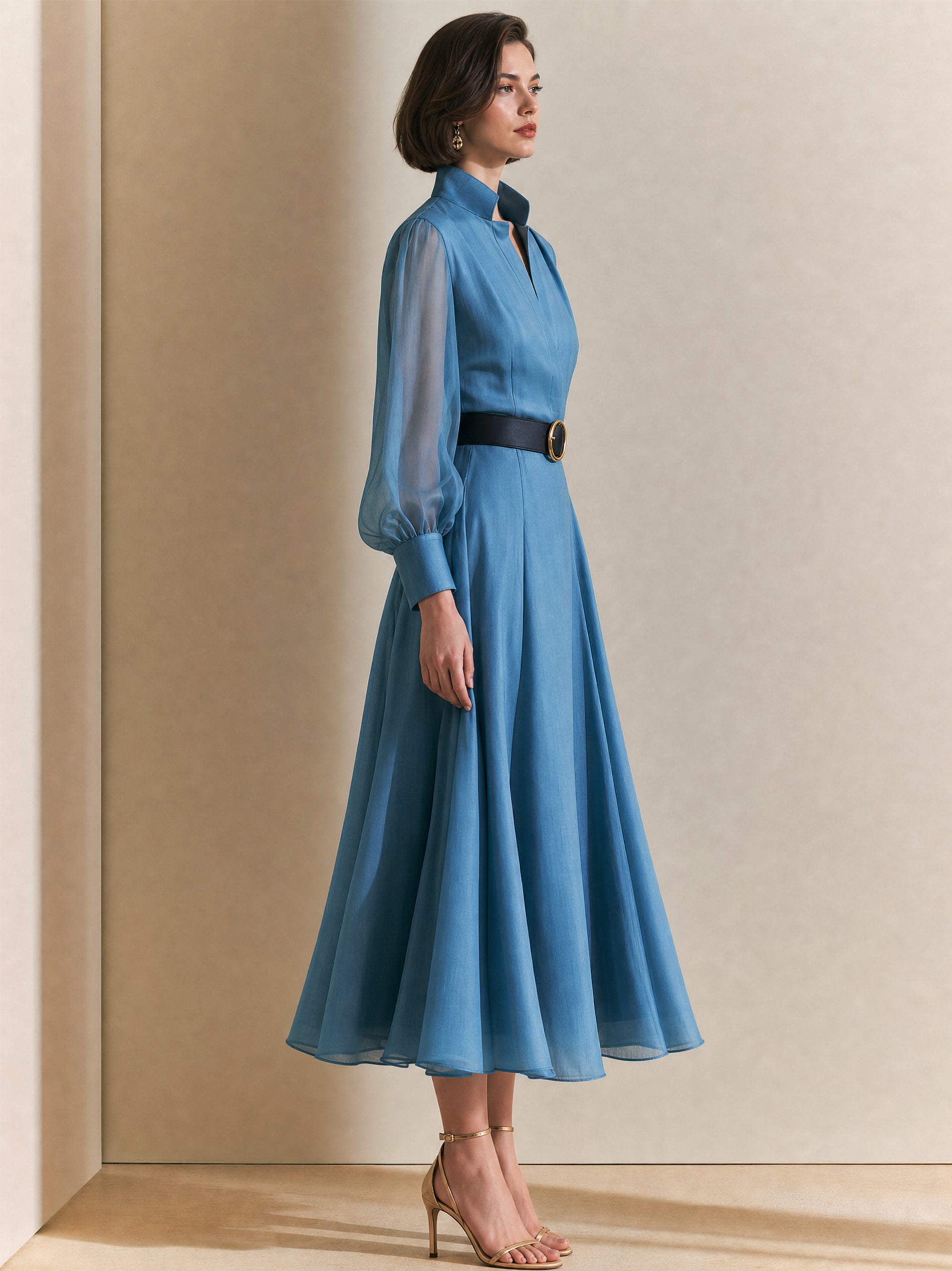 Timeless Muted Blue Belted Fit-and-Flare Midi Dress