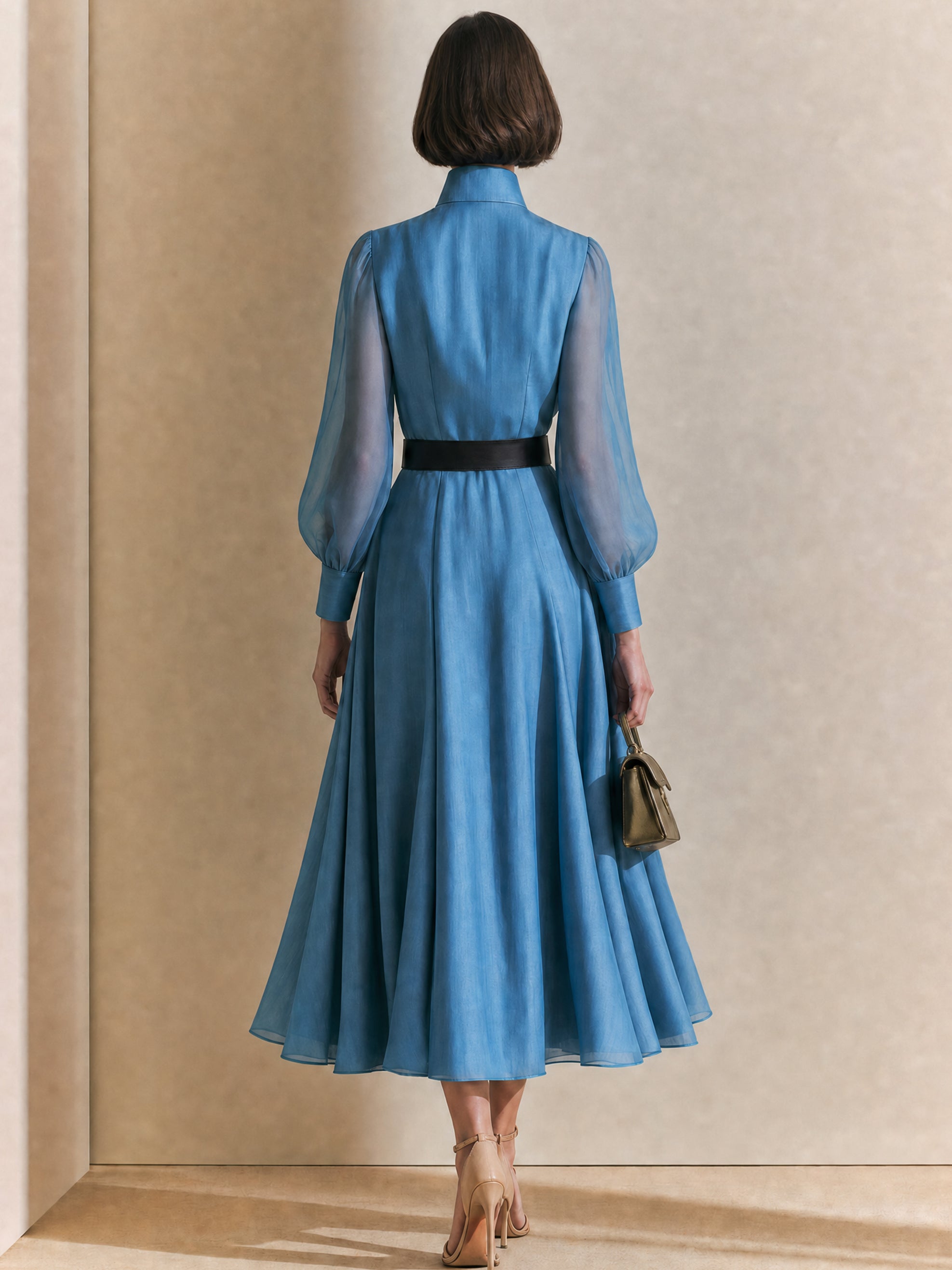 Timeless Muted Blue Belted Fit-and-Flare Midi Dress