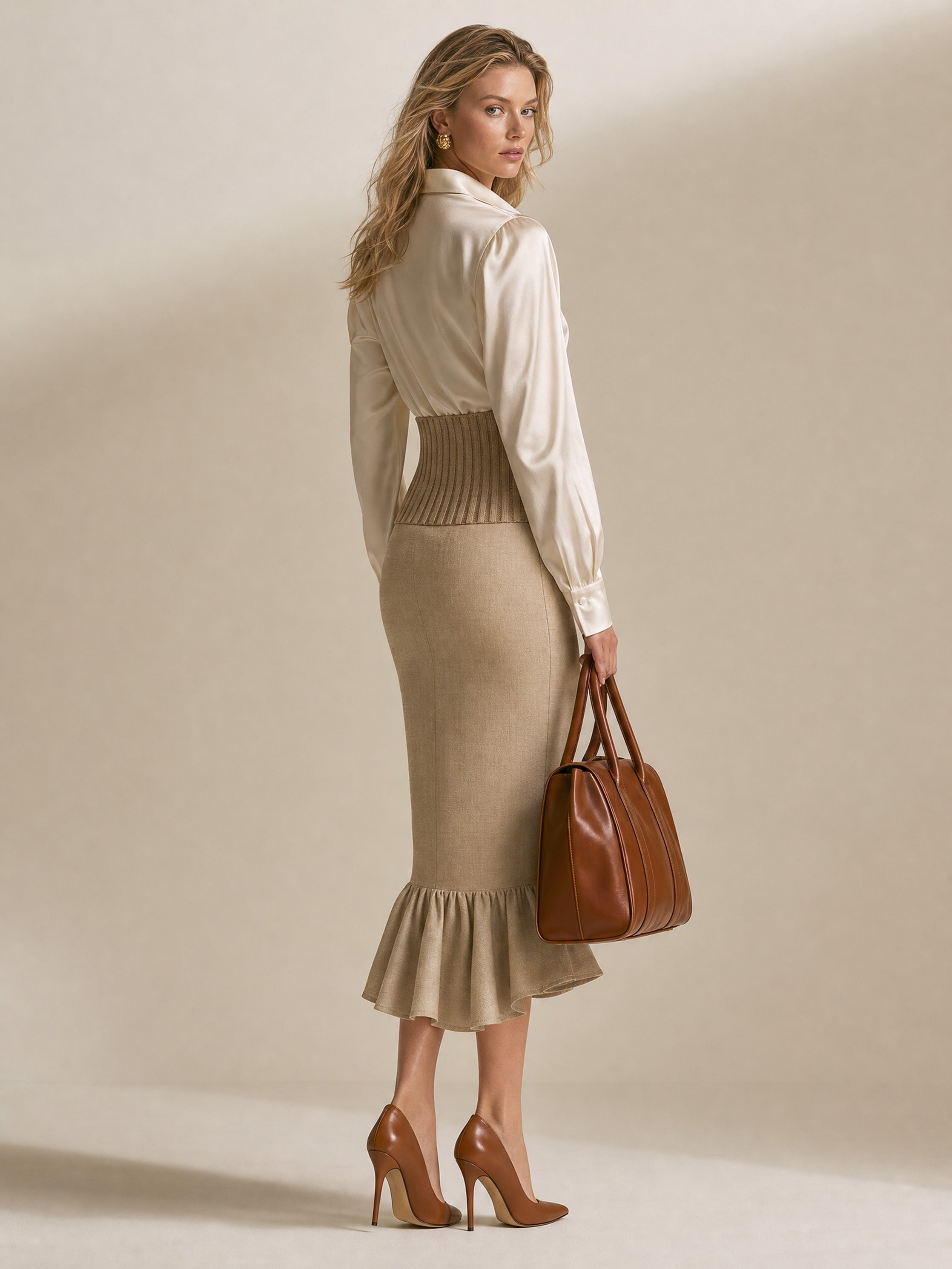 French Elegant Style Light Camel Knit Texture Paneled Mermaid Skirt Set