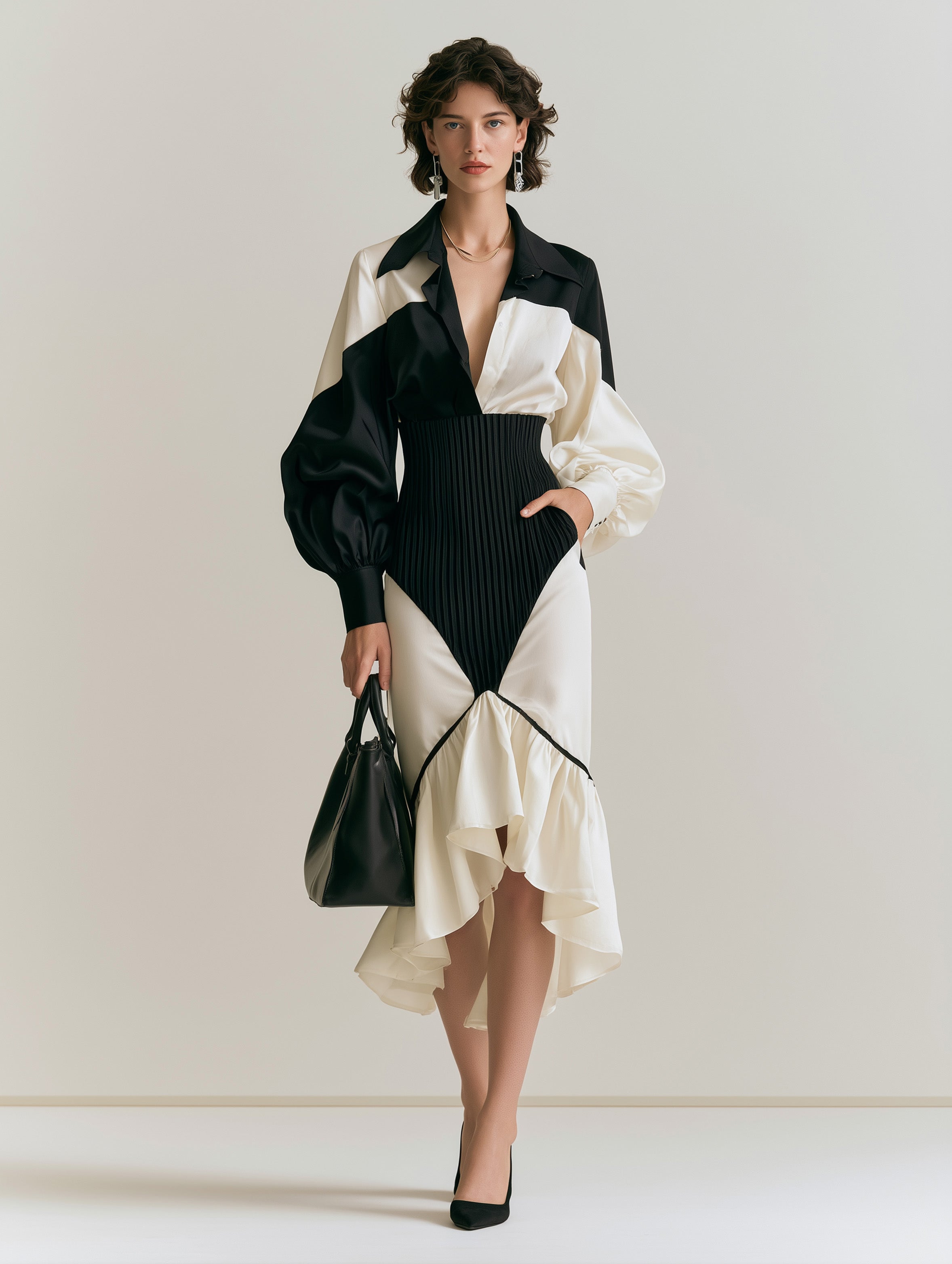 French Elegant Style Black-and-White Contrast Waisted Bubble-Sleeve Asymmetrical Midi Dress