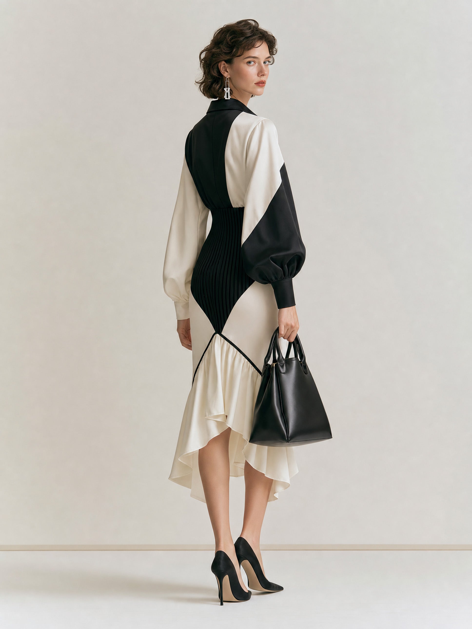 French Elegant Style Black-and-White Contrast Waisted Bubble-Sleeve Asymmetrical Midi Dress