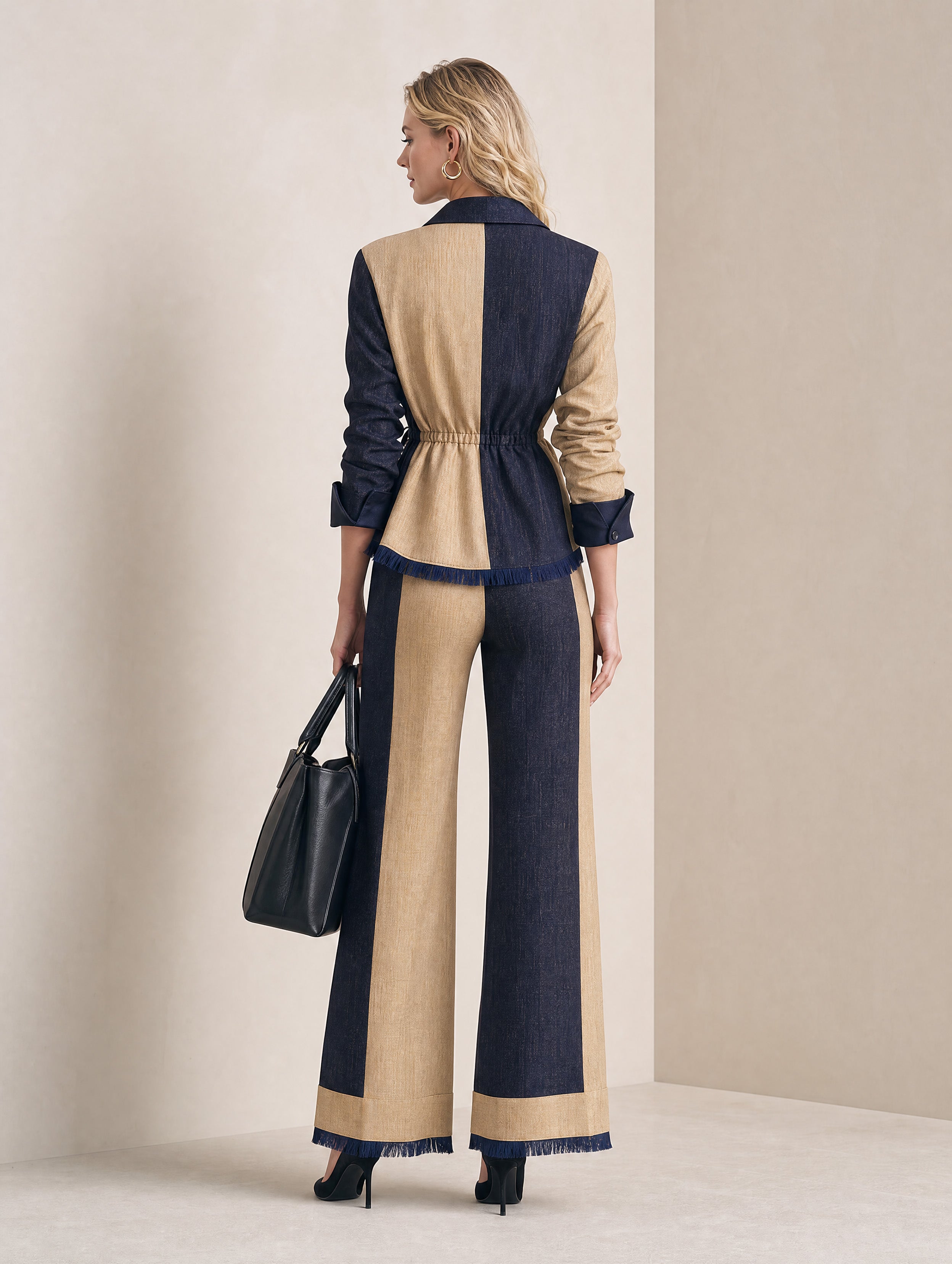 French Relaxed Khaki Navy Vertical Panel Shirt & Wide-Leg Two-Piece Set