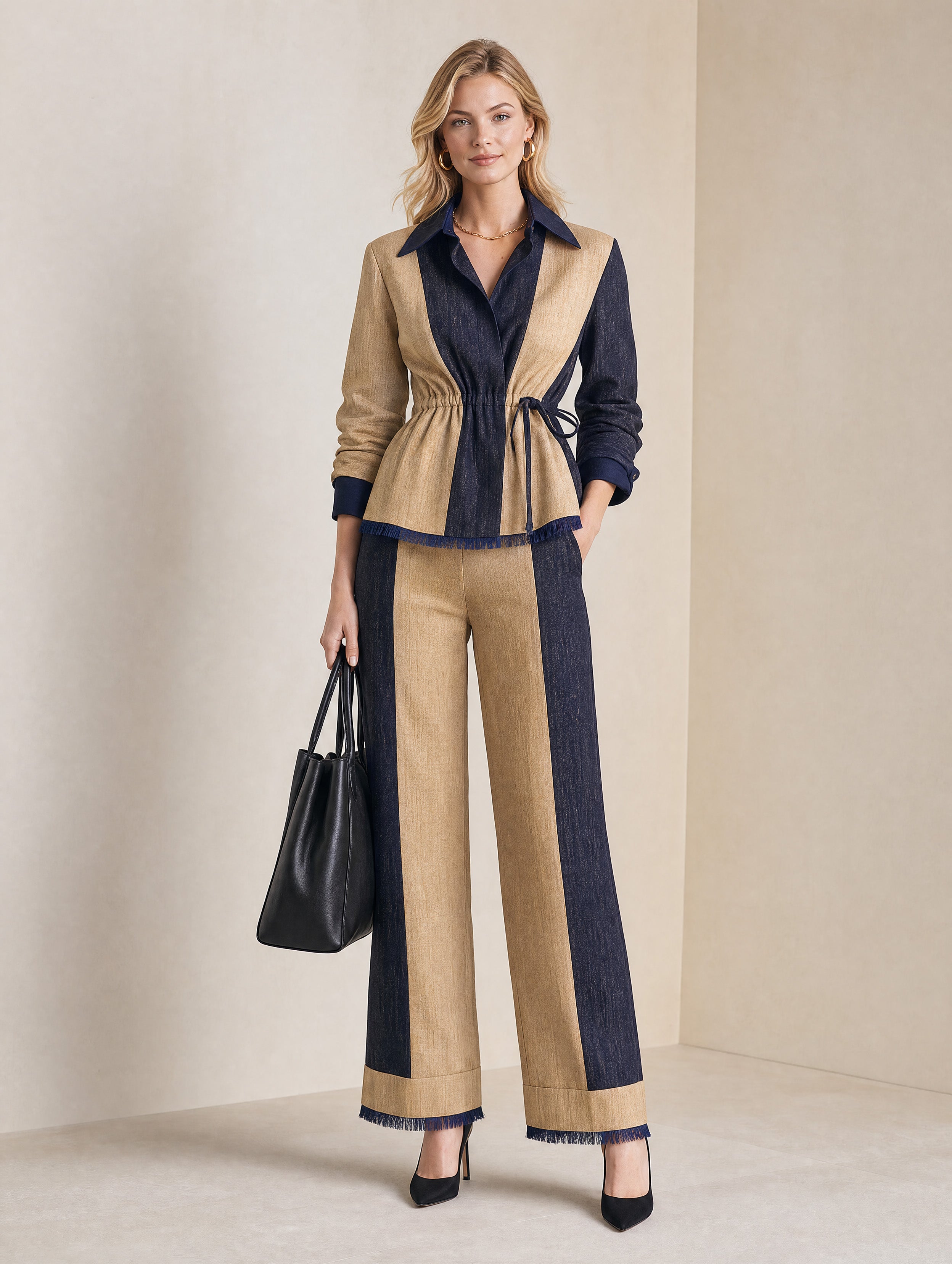 French Relaxed Khaki Navy Vertical Panel Shirt & Wide-Leg Two-Piece Set