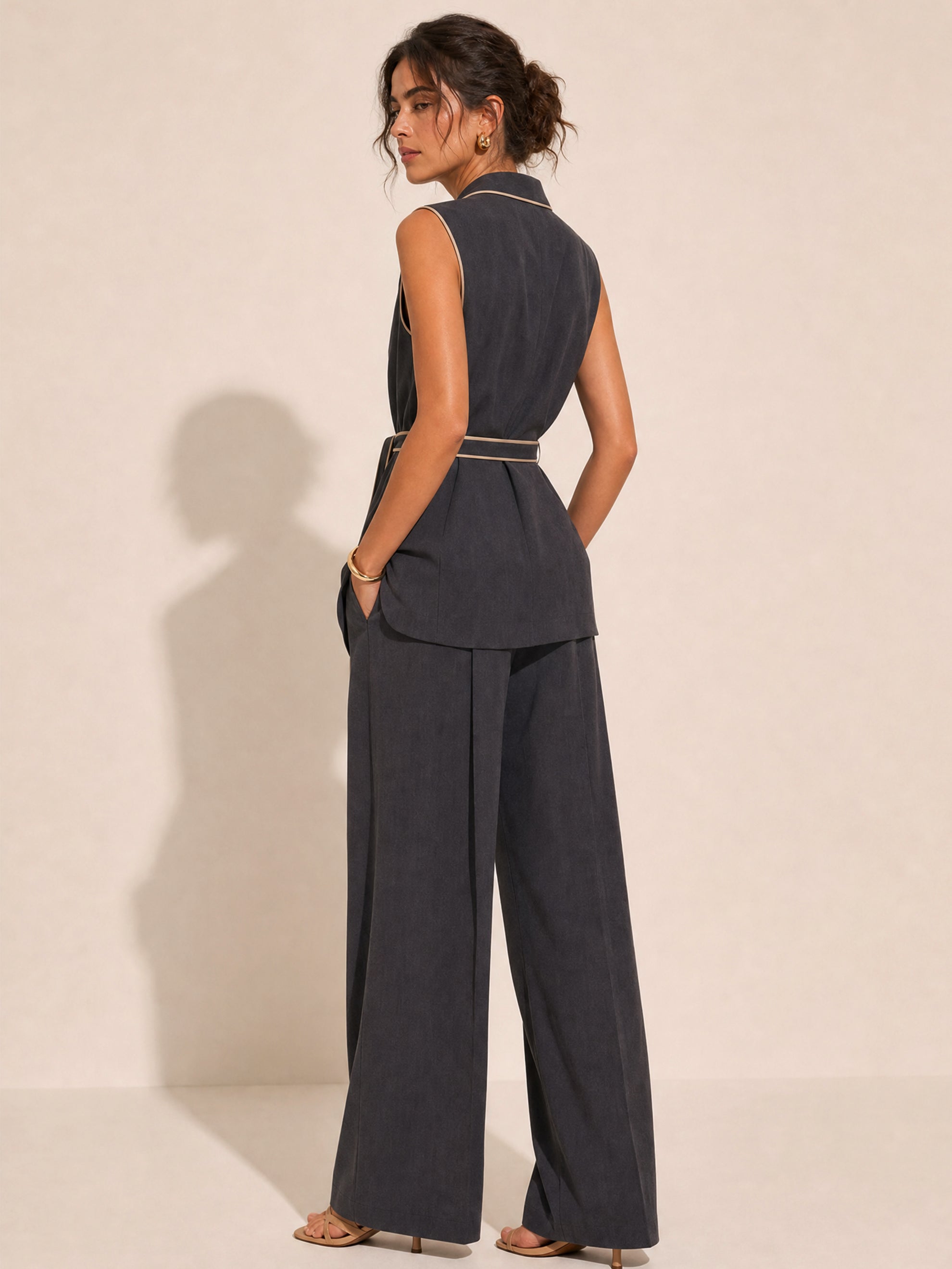 Elegant Tailored Suit:Beige Contrast Wrap Waistcoat &Wide Leg Pants