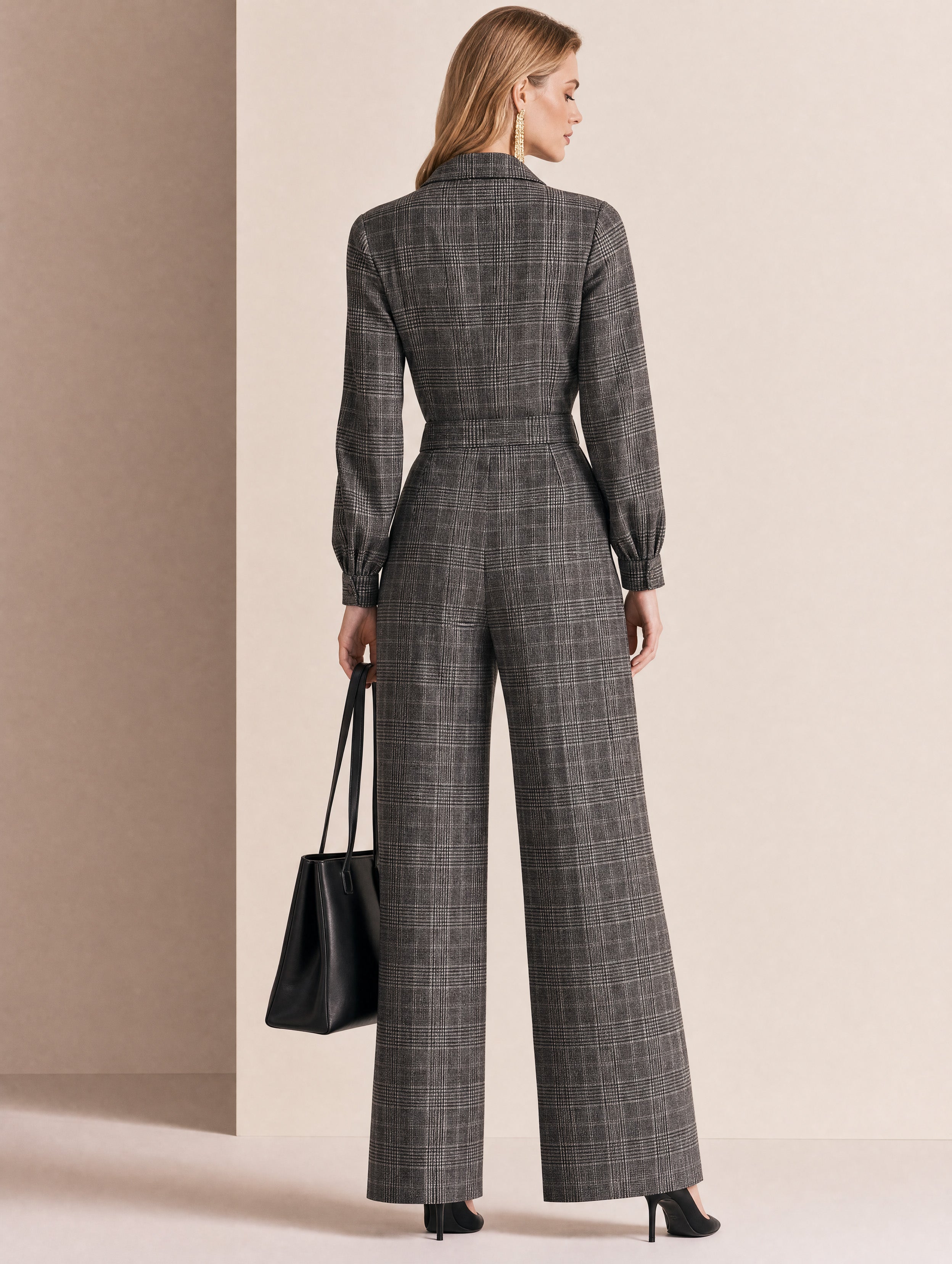 French Commute Charcoal Plaid Collar Draped Wide-Leg Jumpsuit