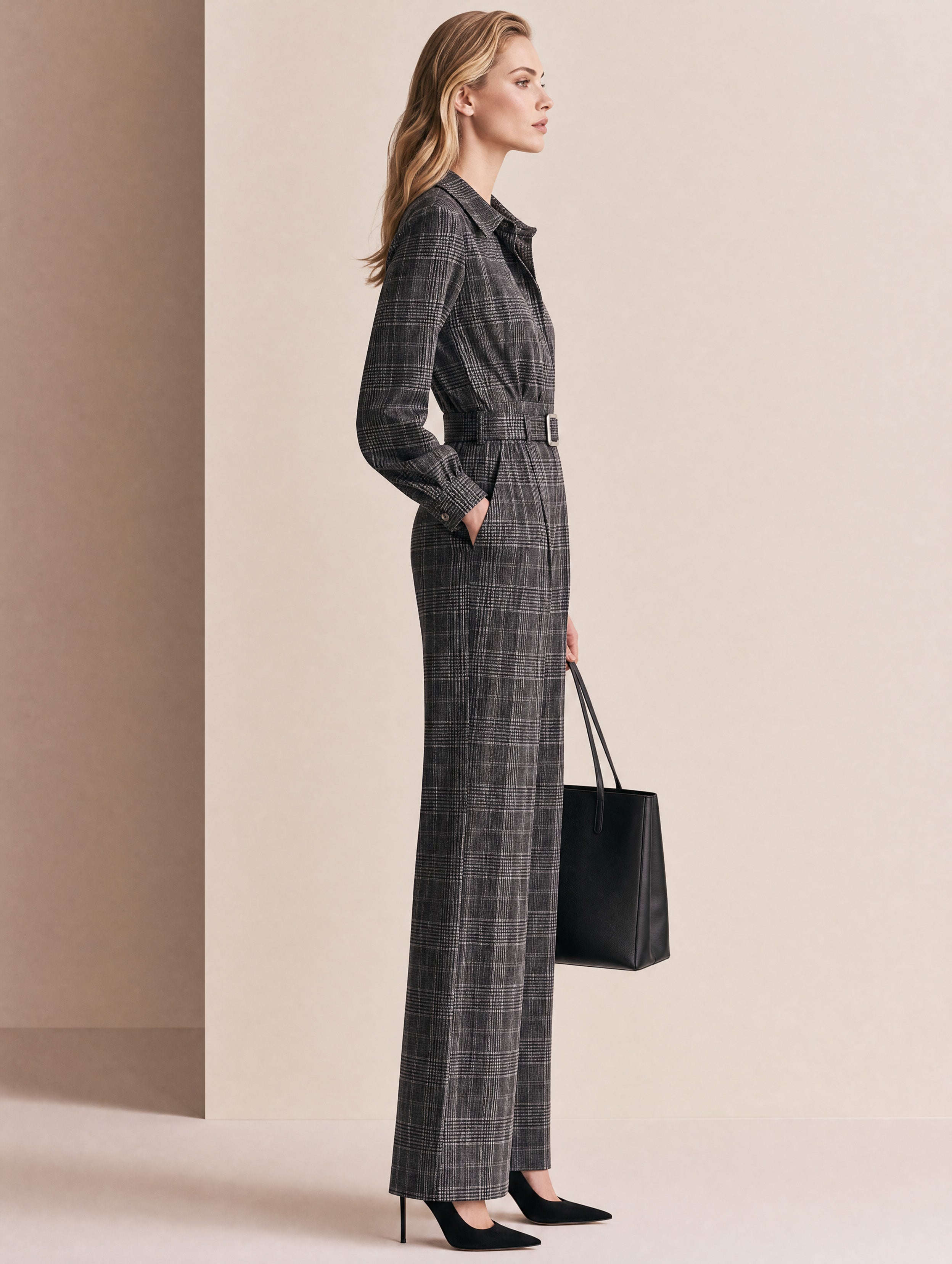 French Commute Charcoal Plaid Collar Draped Wide-Leg Jumpsuit