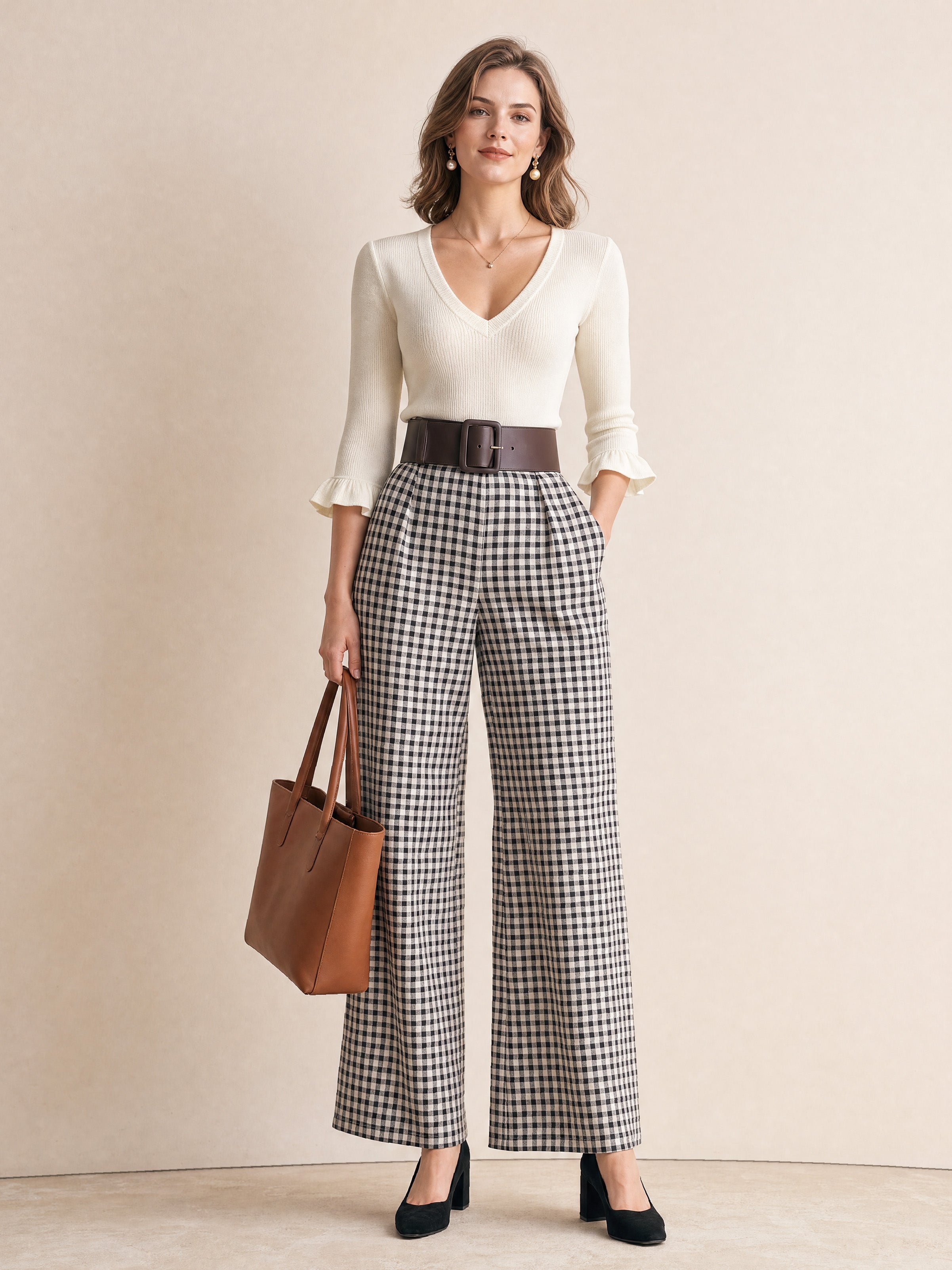 French Relaxed Cream Ruffle-Cuff Check High-Waist Trouser Set
