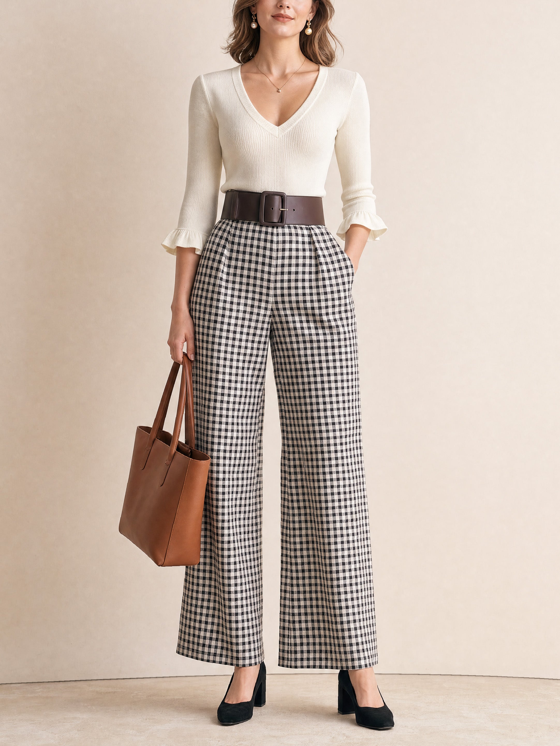 French Relaxed Cream Ruffle-Cuff Check High-Waist Trouser Set