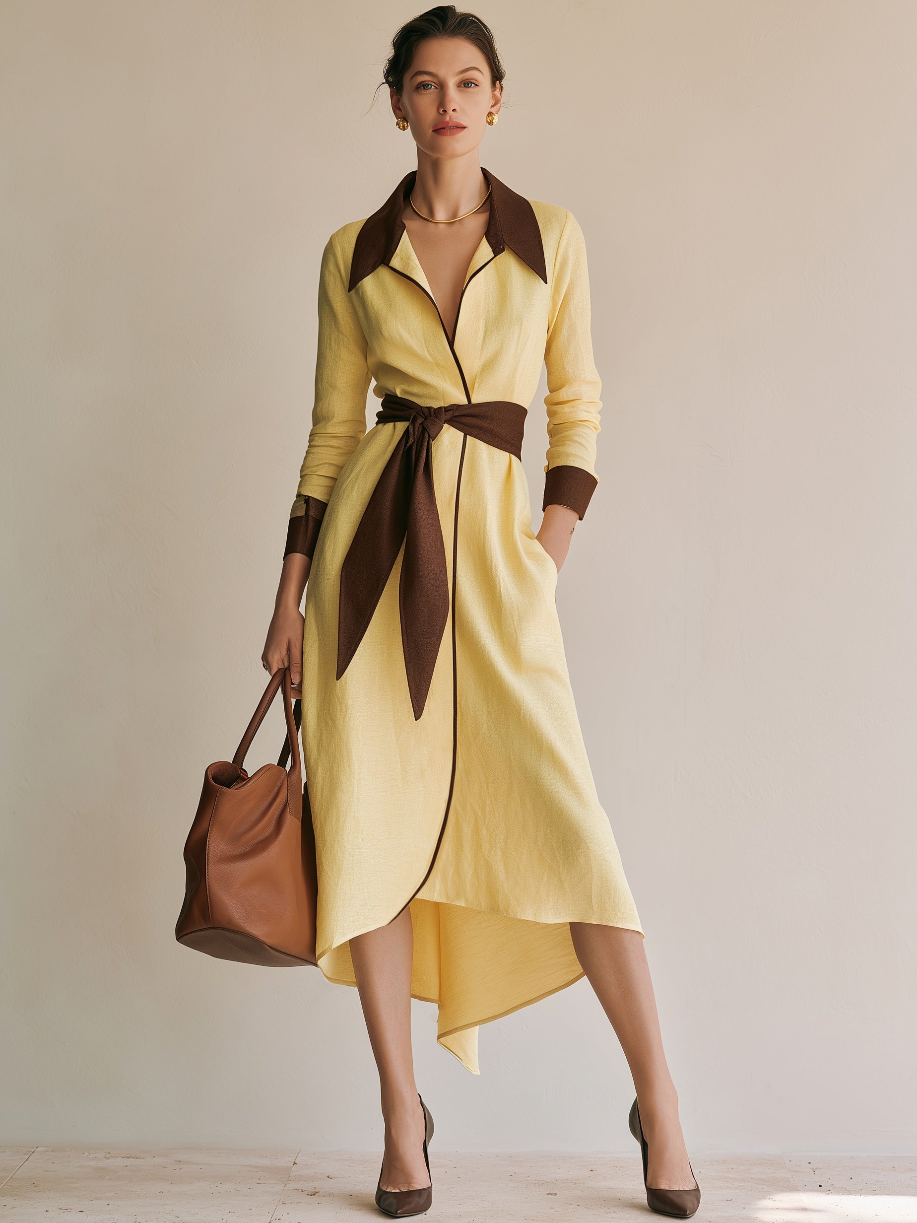 Linen Creamy Yellow Brown Contrast Shirt Dress