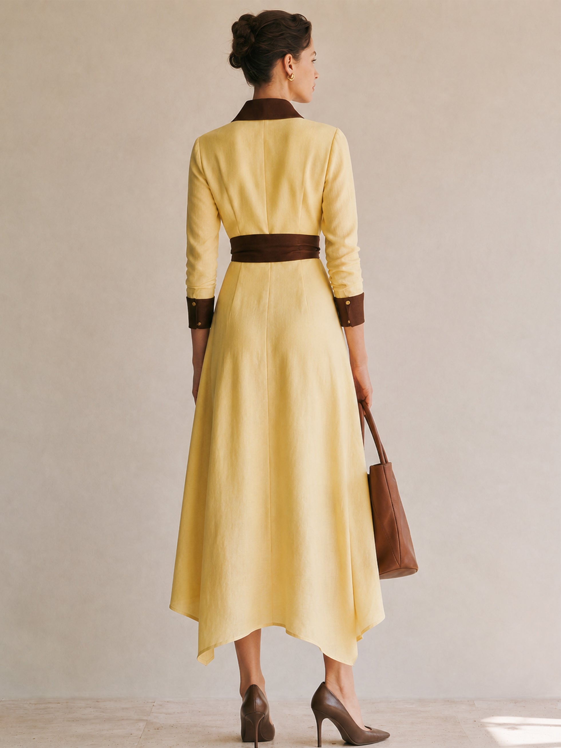Linen Creamy Yellow Brown Contrast Shirt Dress