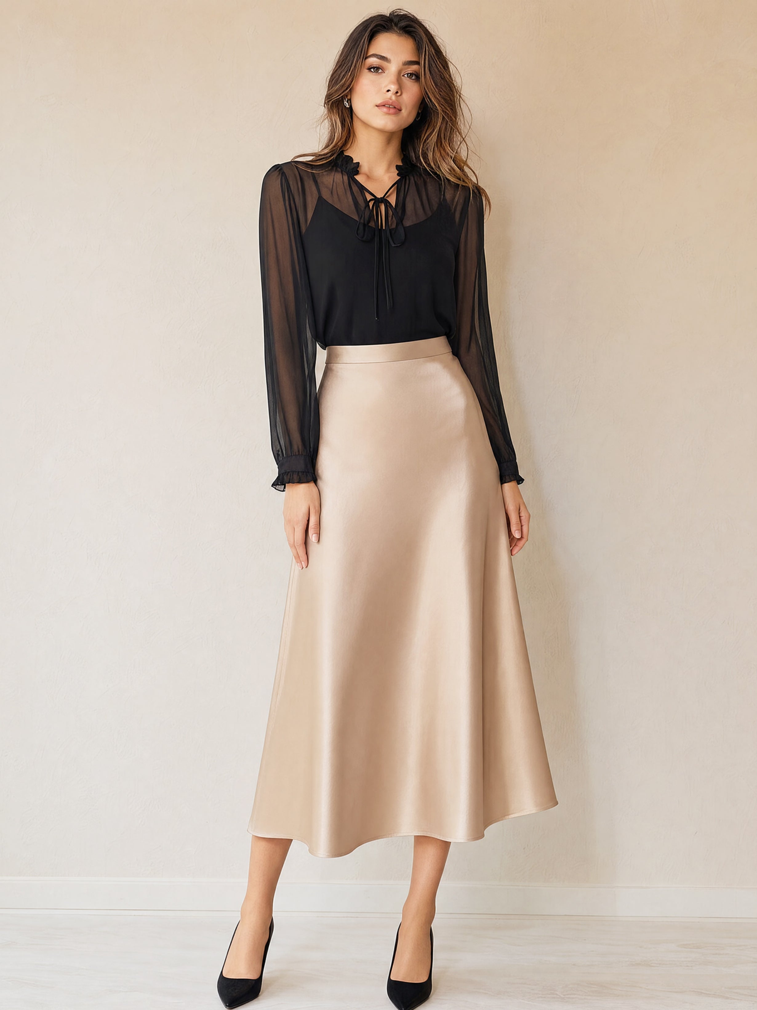 Elegant Sheer Ruffled Blouse & High-Rise Satin Midi Skirt  Work Set