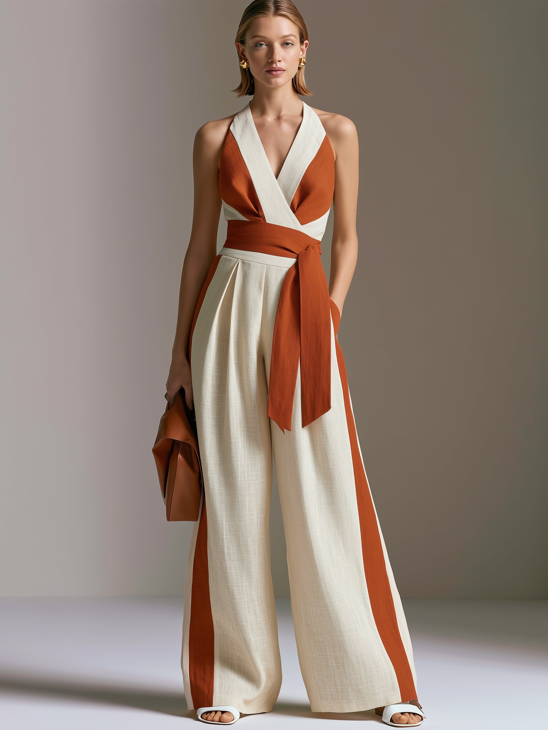 Linen Halter Neck Wide Leg Jumpsuit With Contrast Paneling