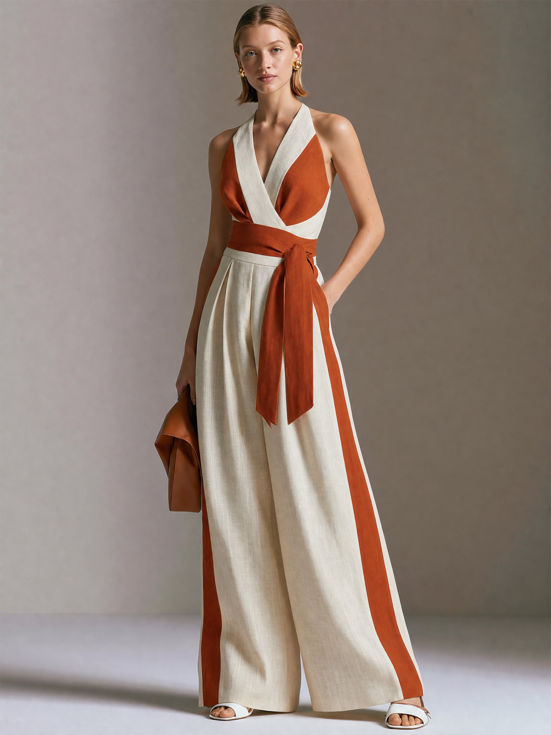 Linen Halter Neck Wide Leg Jumpsuit With Contrast Paneling