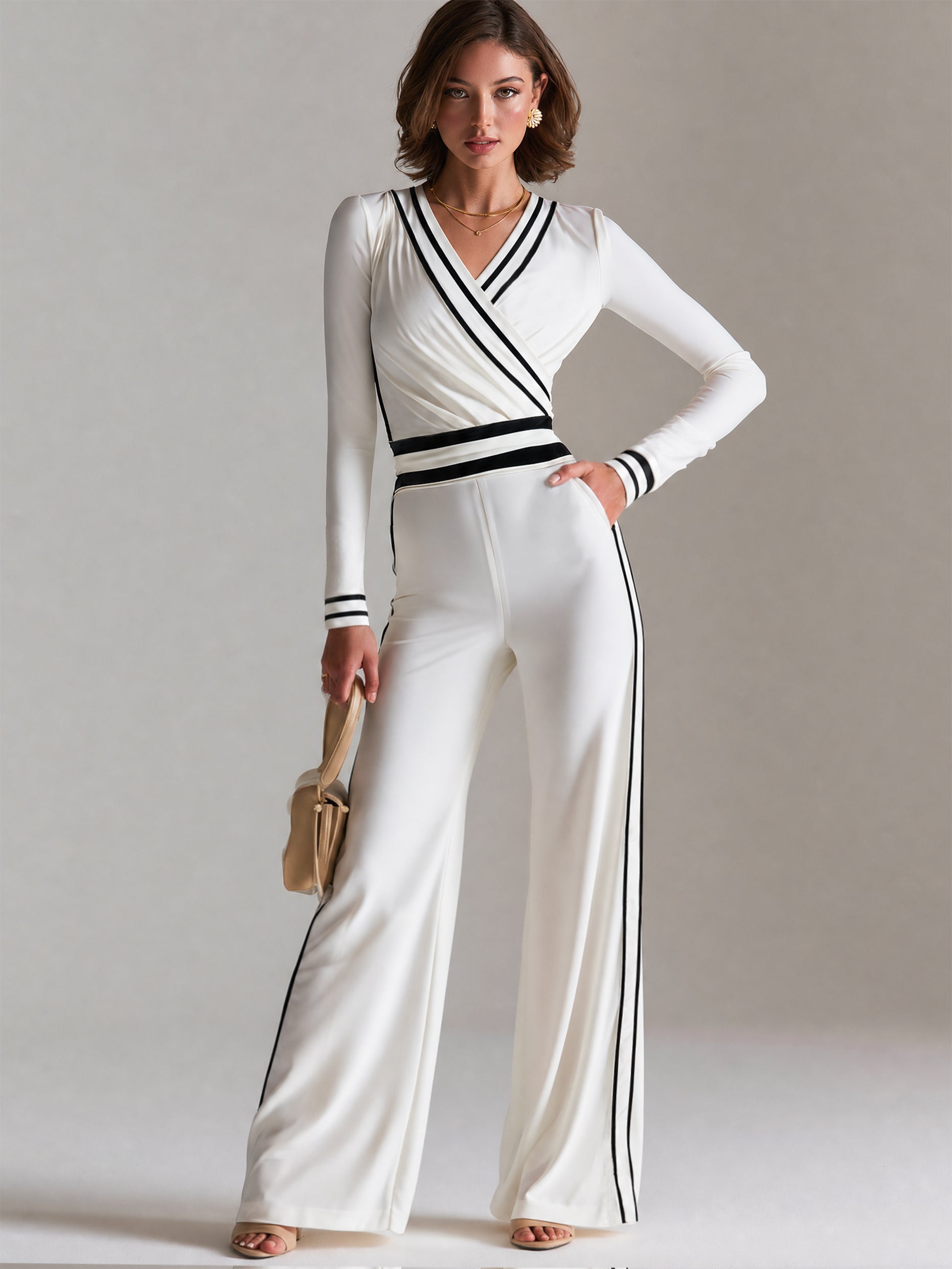 Soft Stretch Ivory & Black  V-Neck Long Sleeve Jumpsuit