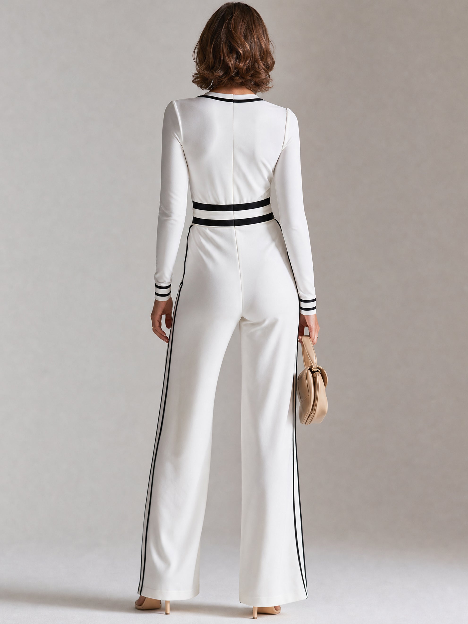 Soft Stretch Ivory & Black  V-Neck Long Sleeve Jumpsuit