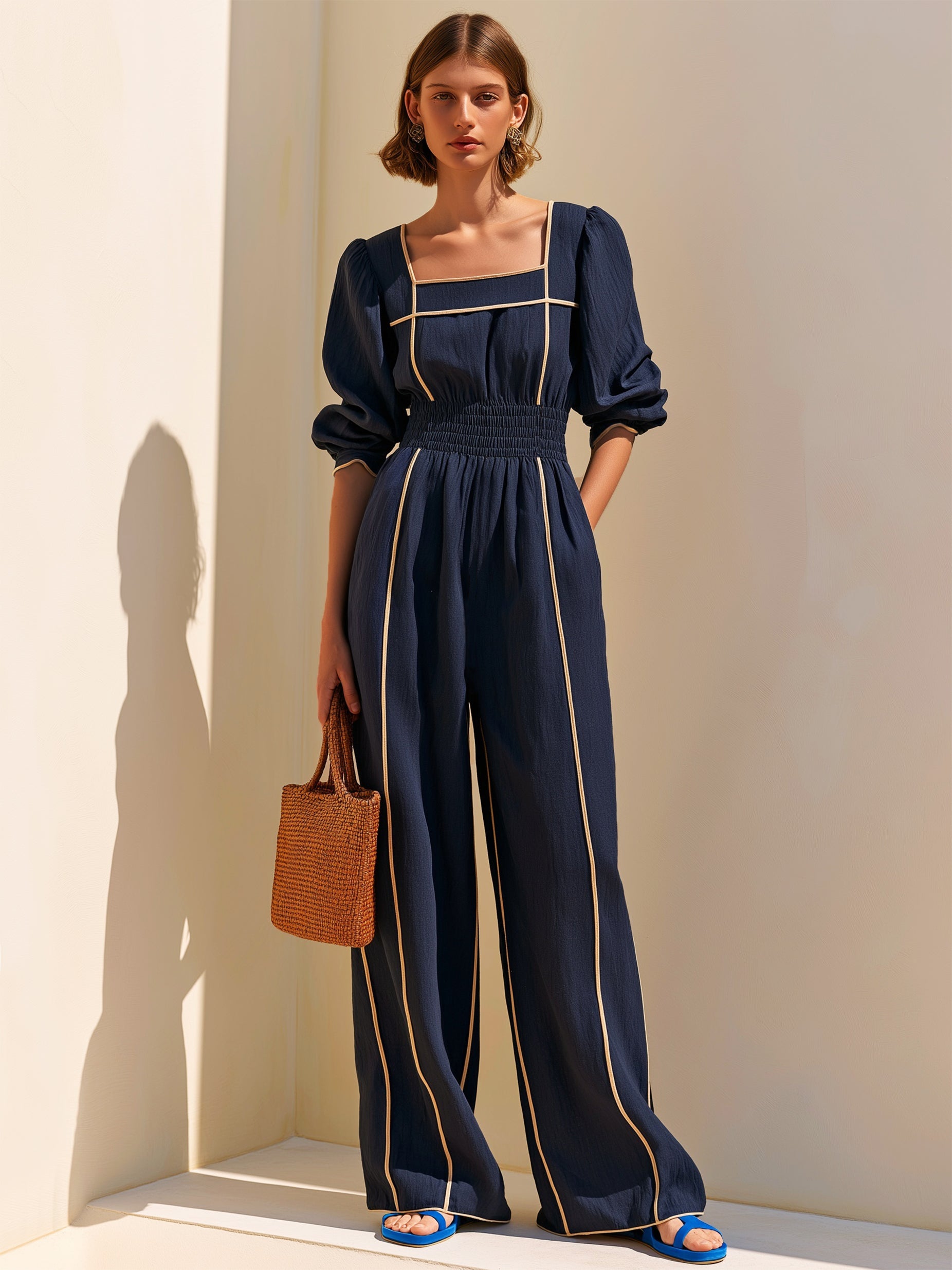 Elegant Square Neck Contrast Jumpsuit