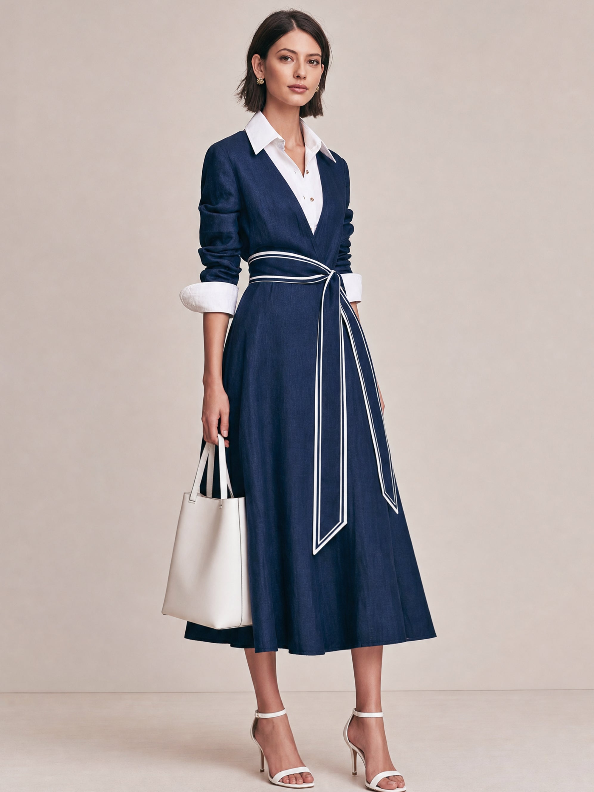 Elegant Navy Contrast Piped Shirt Midi Dress