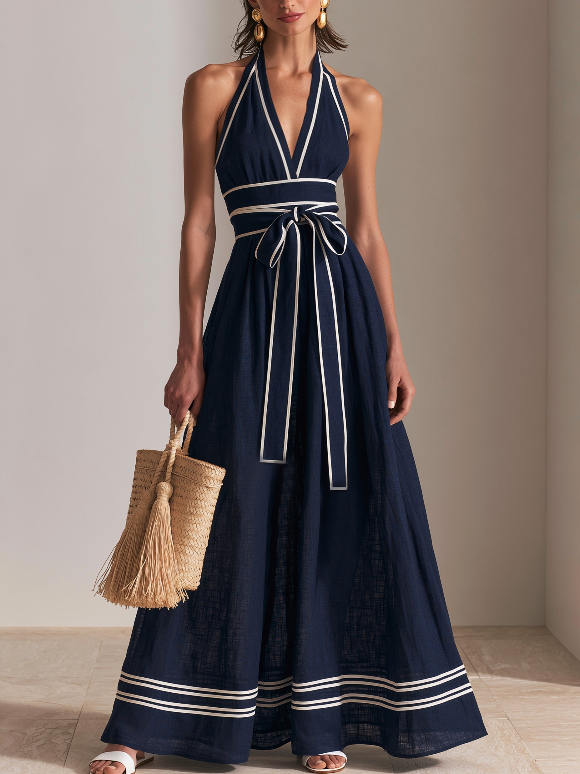 Elegant Linen Halter Neck Maxi Dress With Contrast Piping