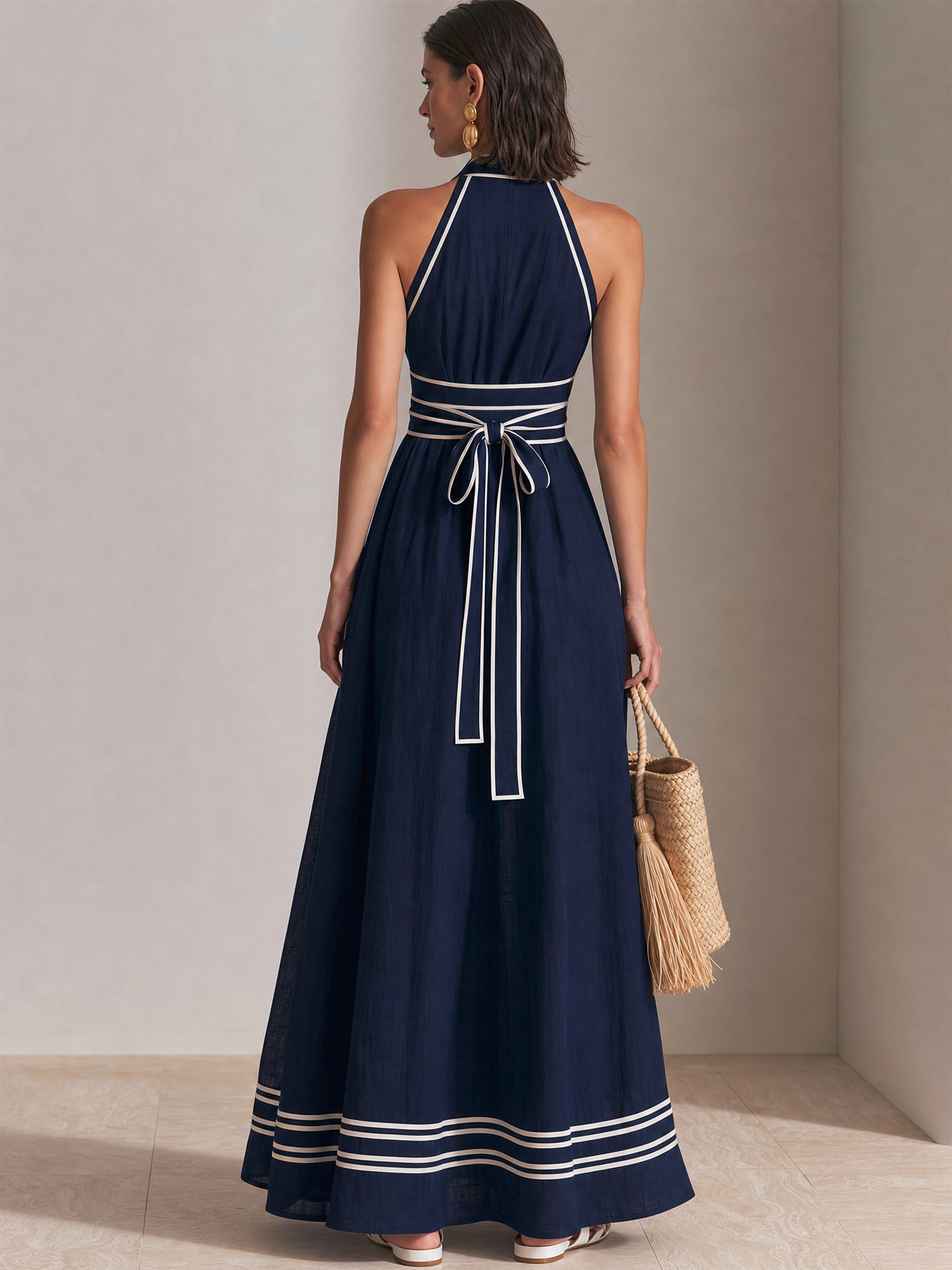 Elegant Linen Halter Neck Maxi Dress With Contrast Piping