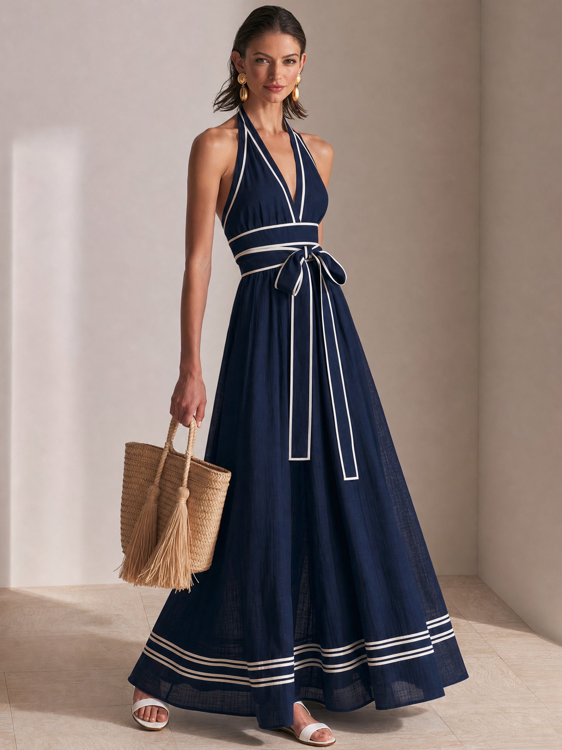 Elegant Linen Halter Neck Maxi Dress With Contrast Piping