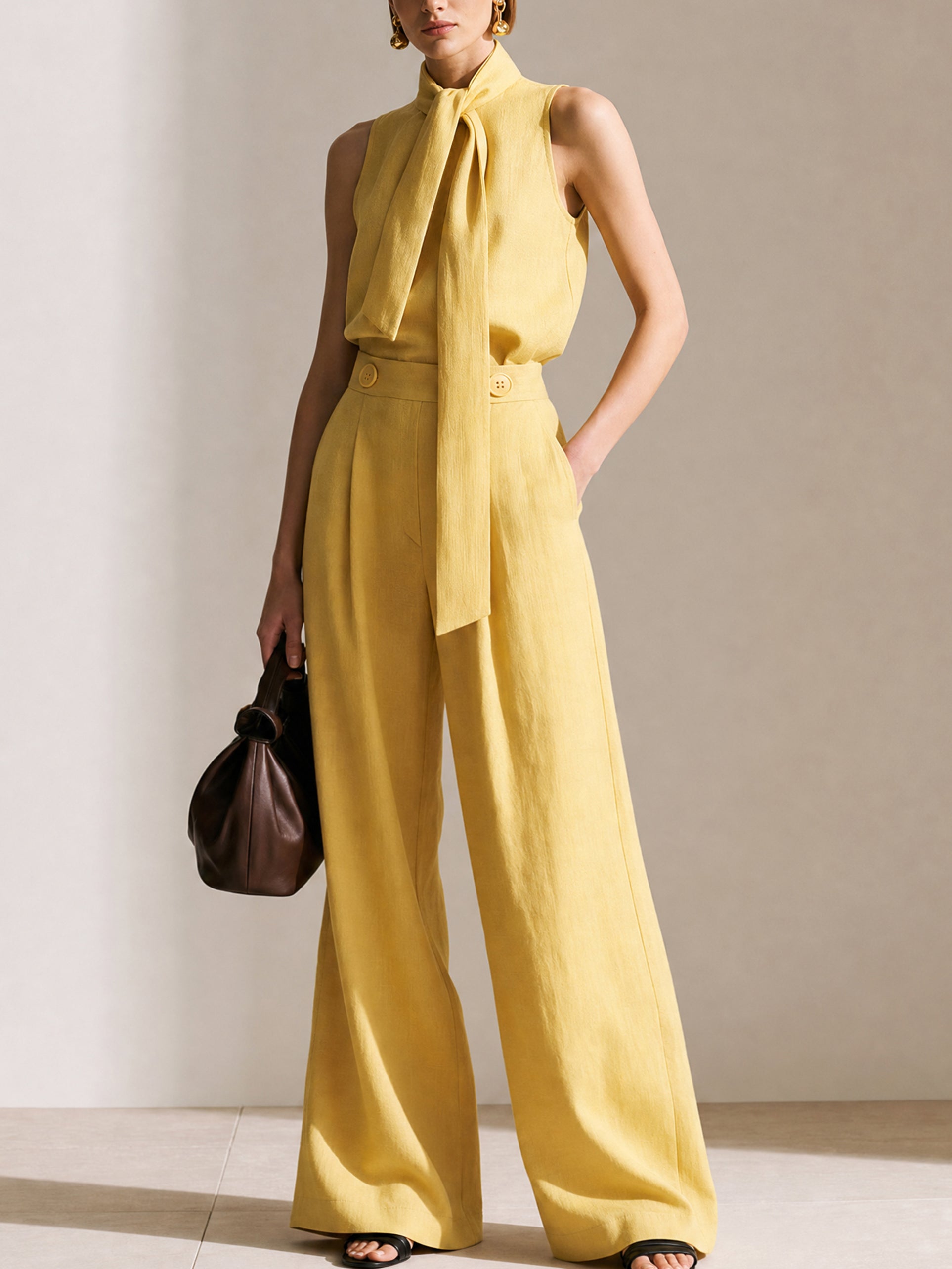 Elegant Linen Suit :Scarf Tie Neck Sleeveless Blouse & Wide Leg Pants