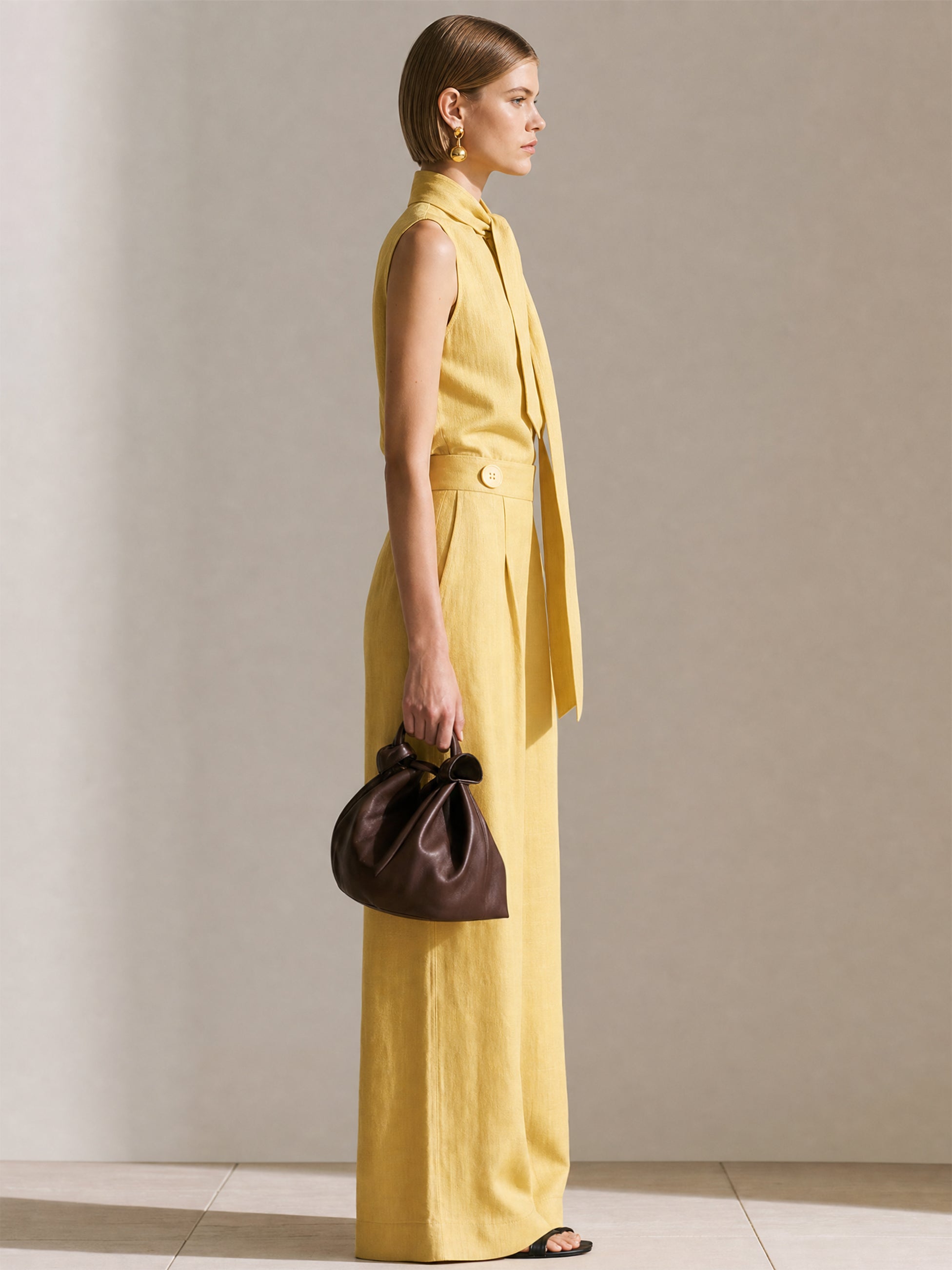 Elegant Linen Suit :Scarf Tie Neck Sleeveless Blouse & Wide Leg Pants